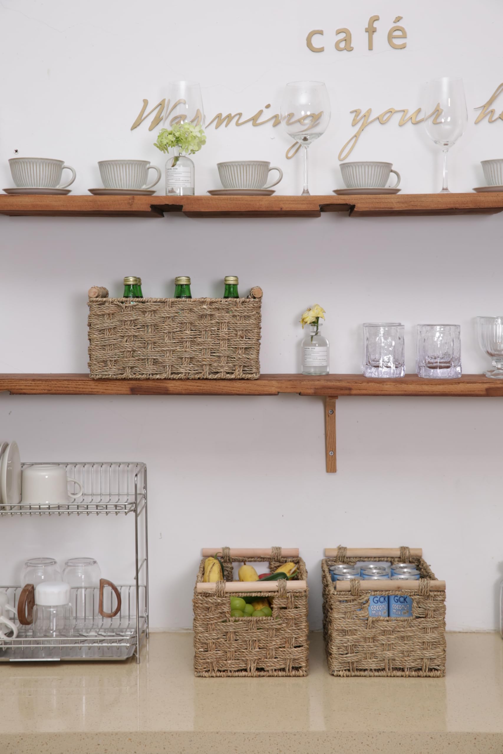 Large Seagrass Storage Basket with Wooden Handles - Home Organization for Bathroom & Kitchen