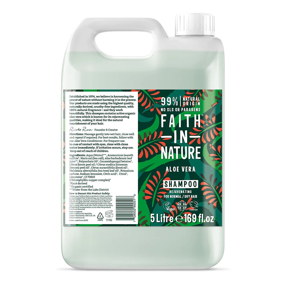 Faith In Nature Aloe Vera Shampoo Refill 5L - Sulfate Free & Vegan Hair Care for Dry Scalp - Perfect for Salons, Spas & Eco-Conscious Homes