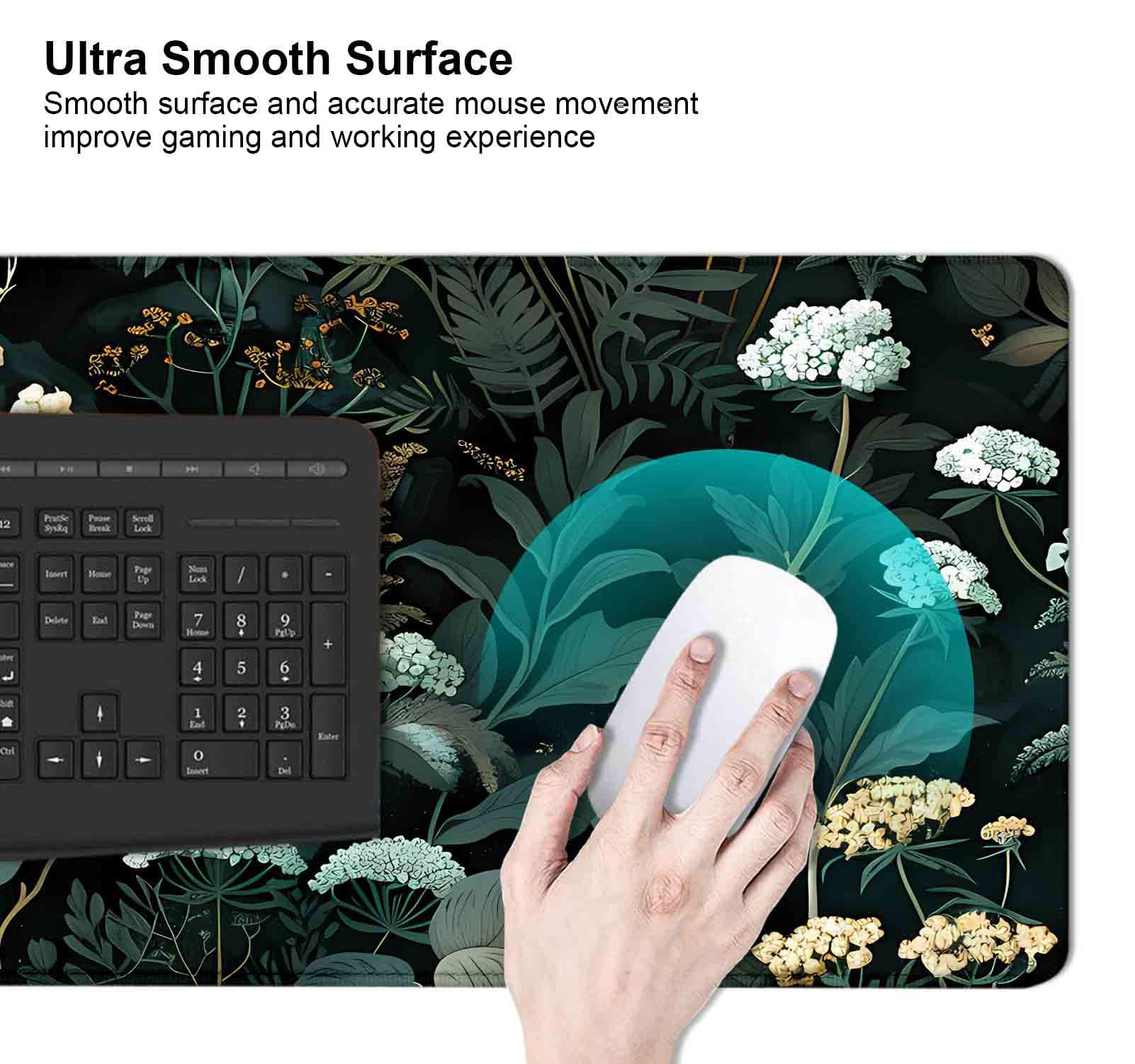 Green Floral XXL Desk Mat - Aesthetic Black Mouse Pad with Plant Design, Large Office Desk Accessory for Work & Gaming - Perfect Gift for Home & Workspace