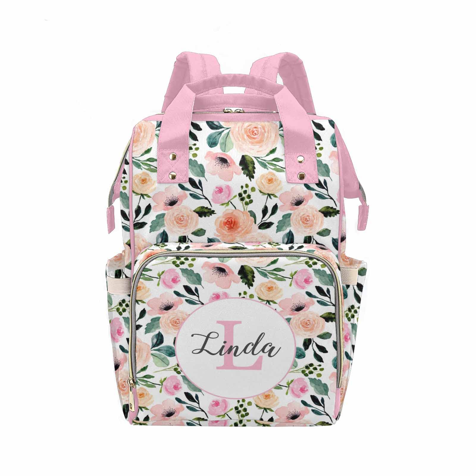 **Personalized Pink Floral Diaper Backpack - Custom Text 