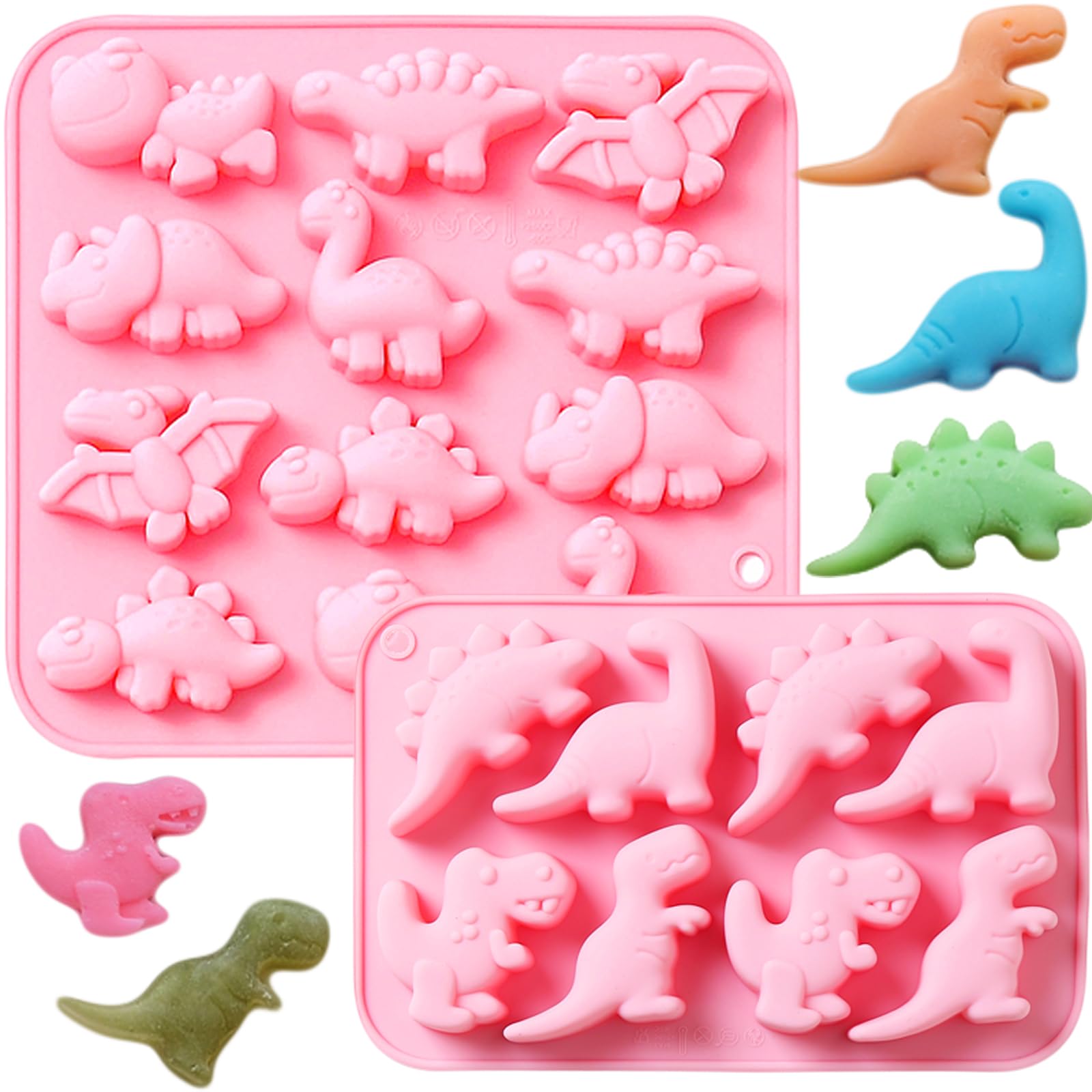 2 Pack Silicone Dinosaur Molds - 20 Cavity 3D Dino Jello, Chocolate, Candy, Cookie & Soap Molds for Baking, Crayons, Desserts, Cupcake Toppers & Cake Decorations (Pink) - Perfect for Kids' Birthday Parties, DIY Crafts & Holiday Treats