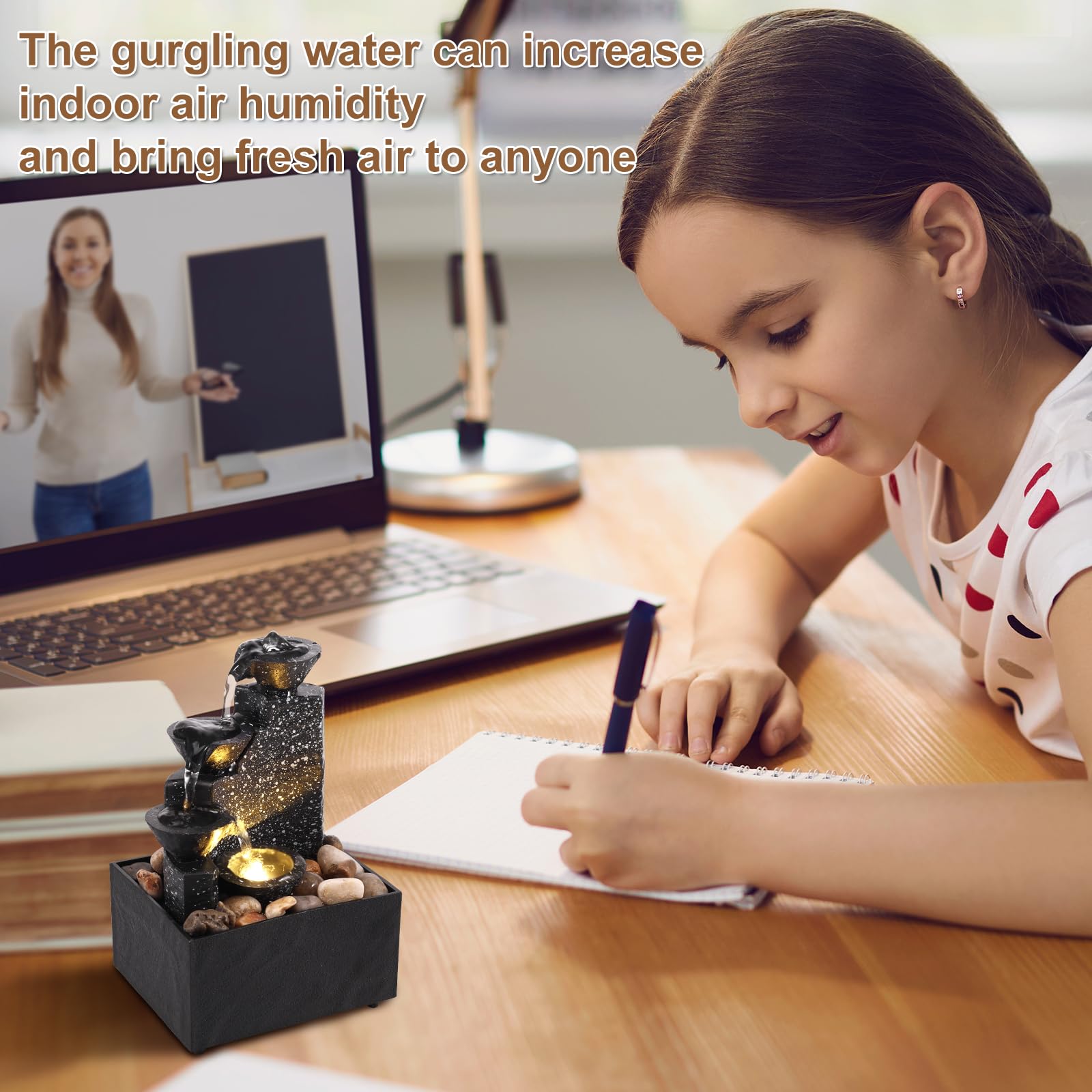 Relaxing Tabletop Waterfall Fountain with LED Lights for Home & Office Decor