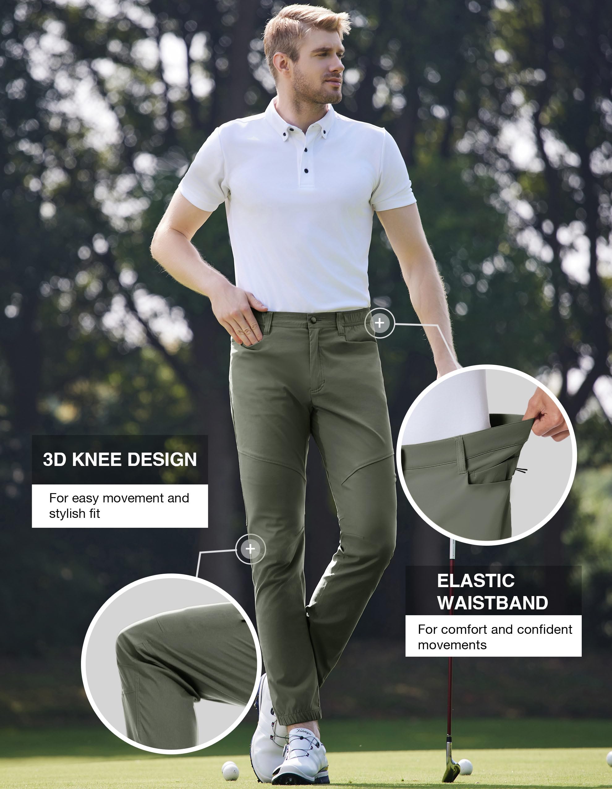 PULI Men's Stretch Golf Joggers Pants - Waterproof Slim Fit with 4 Pockets for Hiking, Travel & Work | Comfortable Casual Wear for Golfing & Outdoor Activities