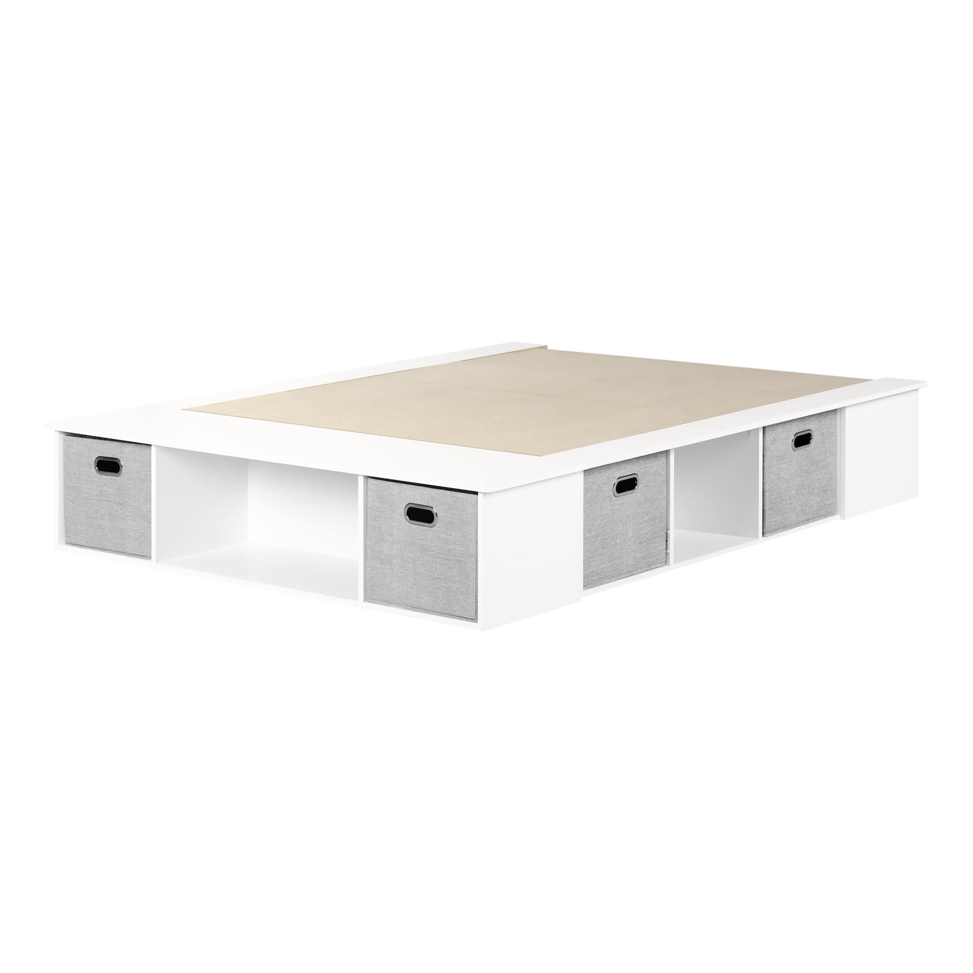 South Shore Flexible Platform Bed with Storage Baskets, Full Size, Pure White - Perfect for Small Bedrooms, Guest Rooms & Dormitories