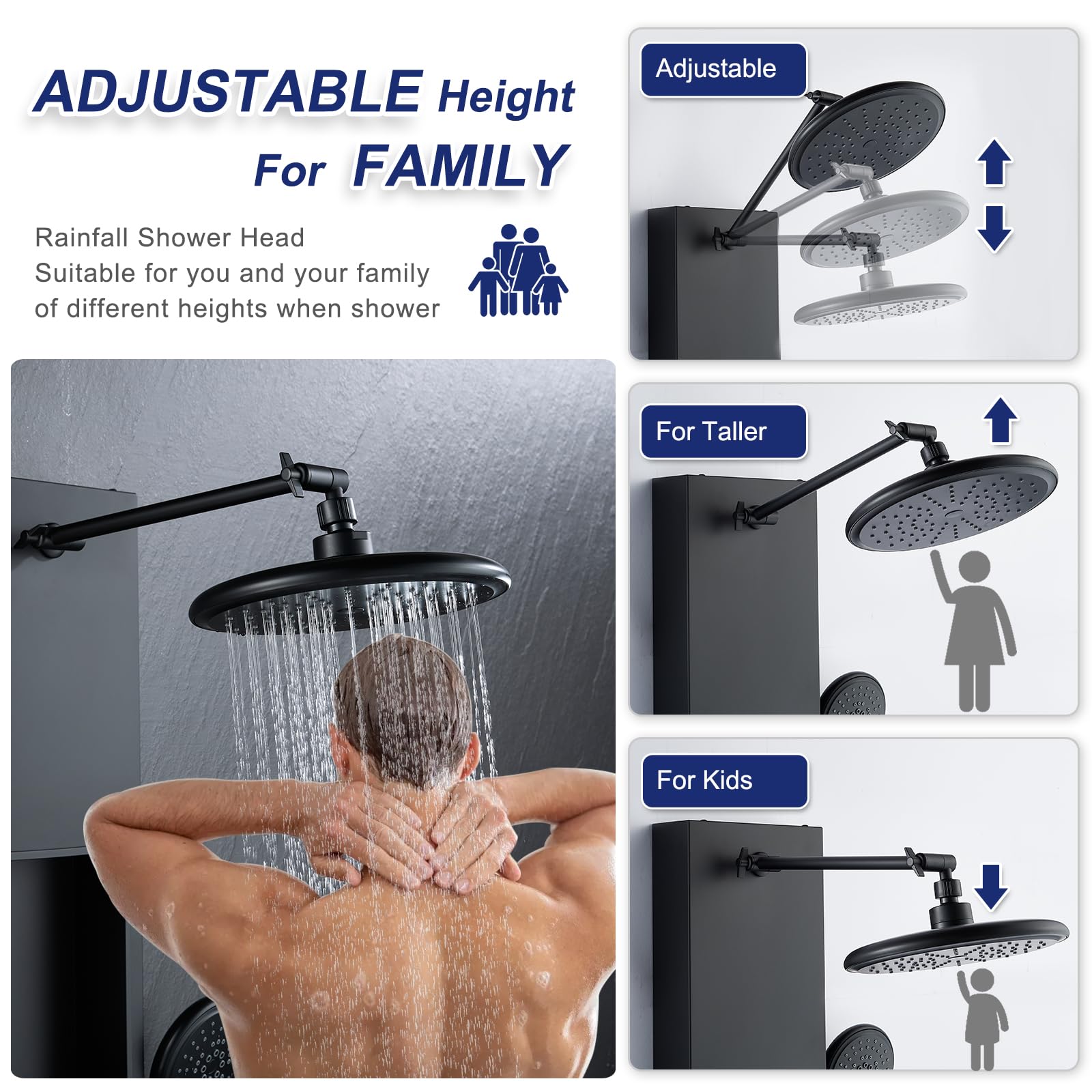 ROVATE Matte Black Shower Panel Tower System with 6 Body Jets, Rainfall Shower Head & Handheld - Adjustable Shower Arm, Self-Cleaning Stainless Steel Shower Column with Shelf - Perfect for Modern Bathroom & Spa Experience