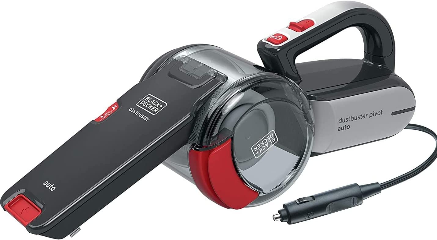 Black and Decker PV1200AV B1 Pivot Cyclonic 12V Corded Hand Vacuum - Grey/Red with Full Accessories - Perfect for Car Cleaning, Pet Hair Removal, and Home Dusting