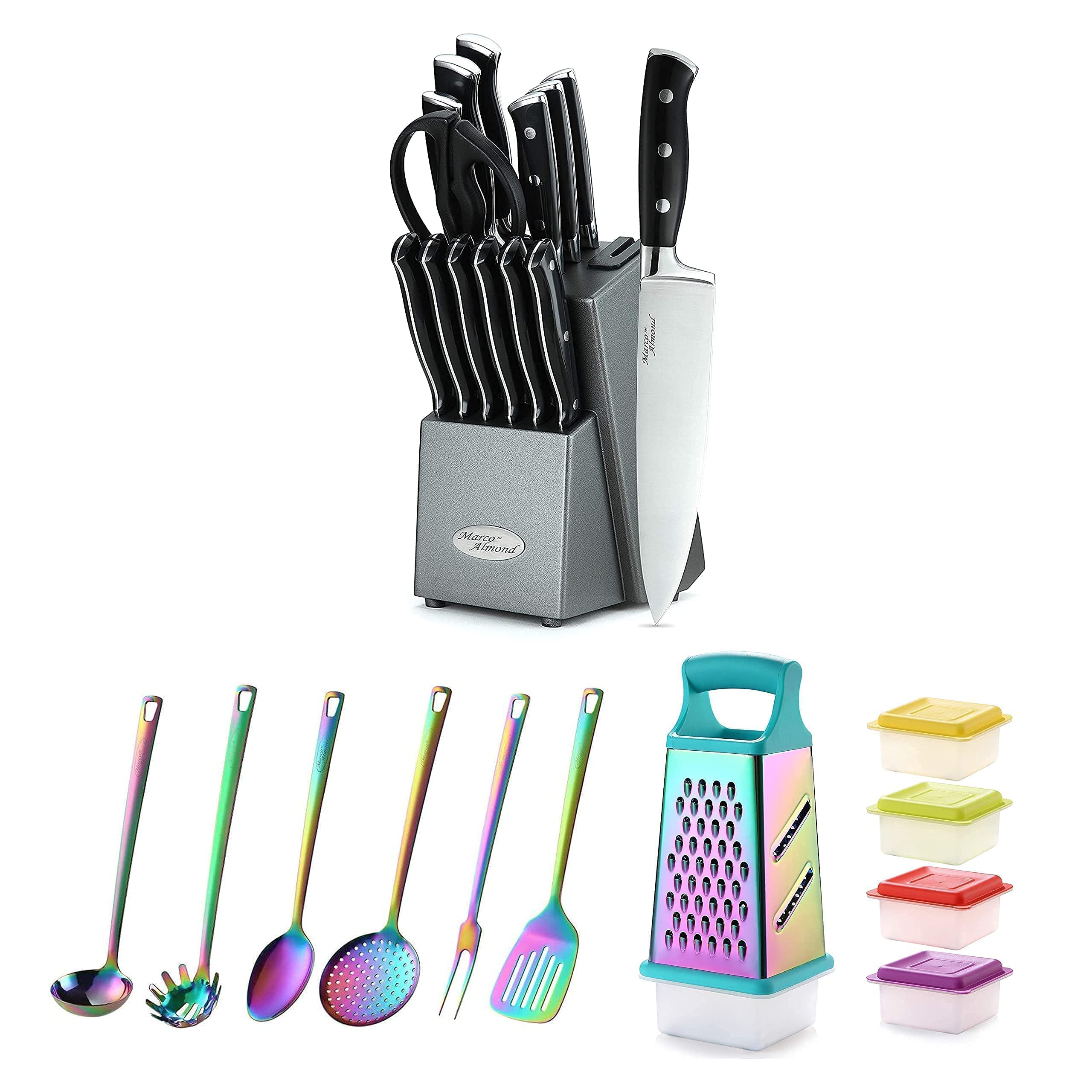 Premium Stainless Steel Kitchen Knife Set with Block, Built-in Sharpener & Rainbow Utensils - 12-Piece Cutlery Set Includes Box Grater for Chopping, Slicing & Food Prep | Ideal for Home Chefs & Cooking Enthusiasts