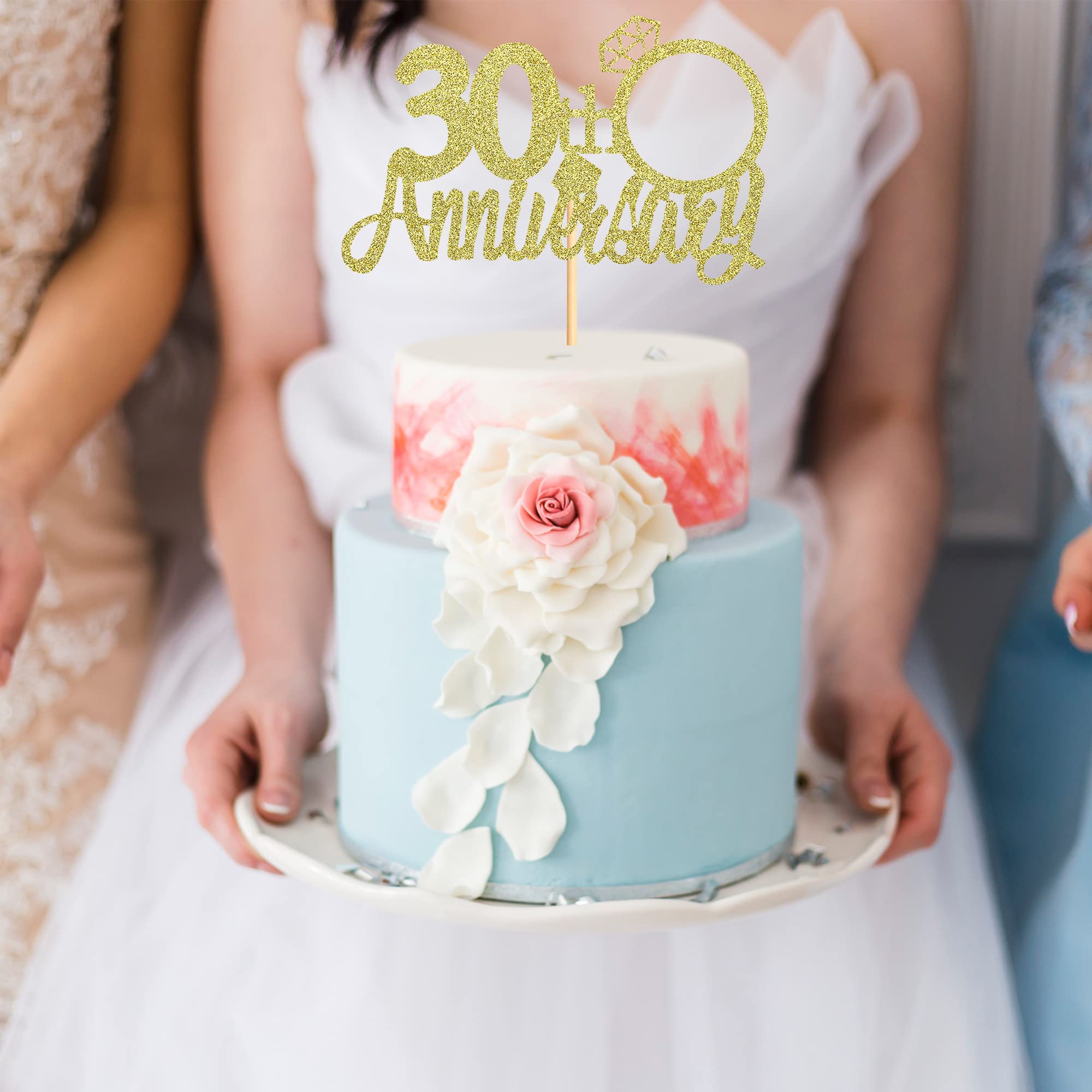 30th Anniversary Cake Topper Set - 13pcs Gold Glitter Cake Decorations with Small Hearts for Wedding Anniversary Party | Elegant Cake Topper for 30th Wedding Anniversary Celebrations, Birthdays & Special Events