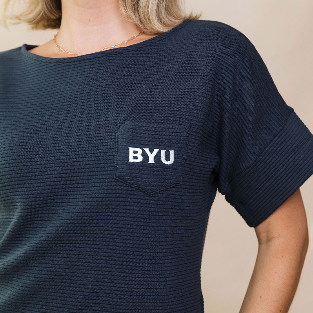BYU Atlas Ribbed Blouse for Women - Navy Blue Stretch Knit Top - Perfect for Office Wear, Casual Outfits & Date Nights