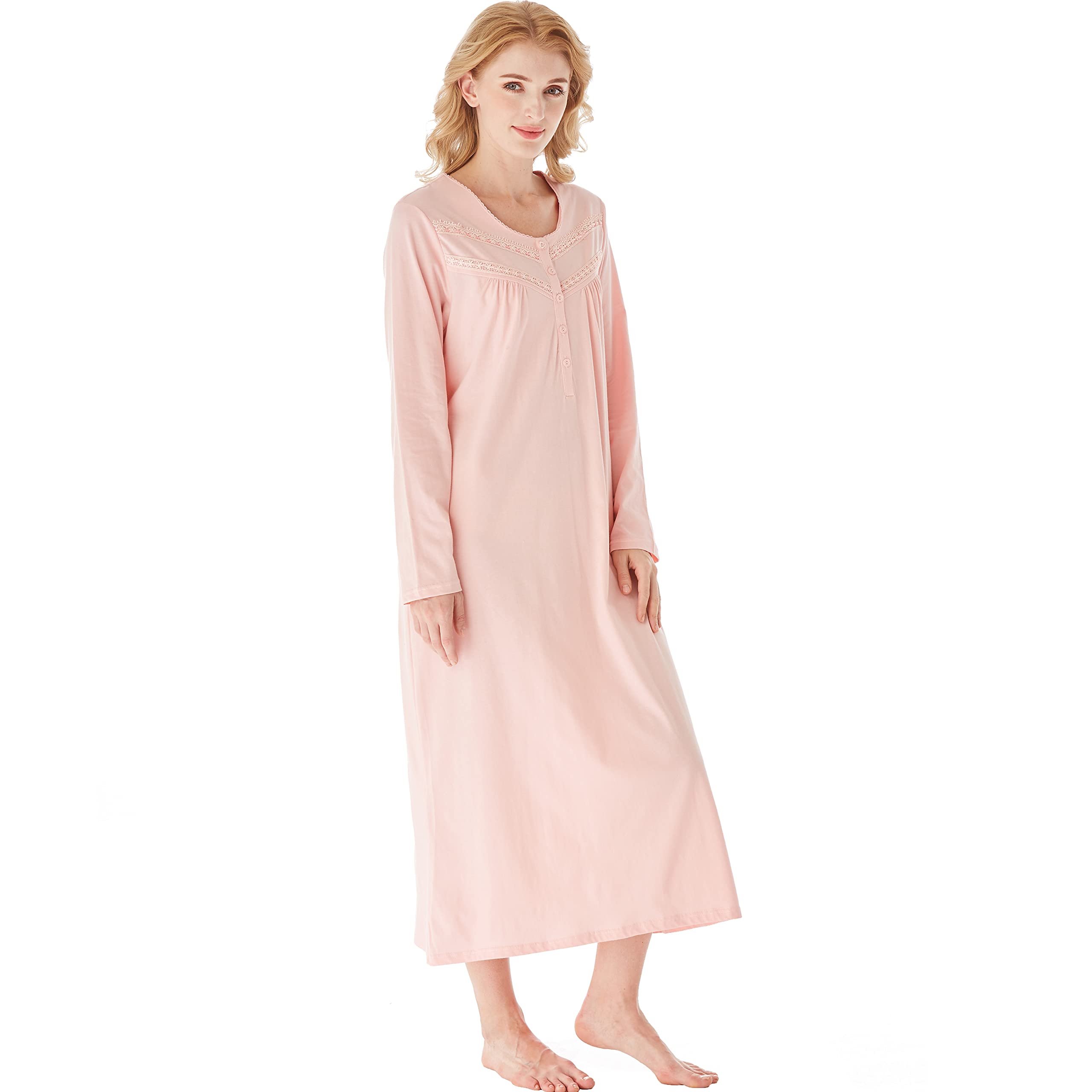 Keyocean Women's Soft Cotton Long Sleeve Nightgown - Comfortable Lightweight Sleepwear for Ladies - Perfect for Relaxing at Home & Cozy Bedtime