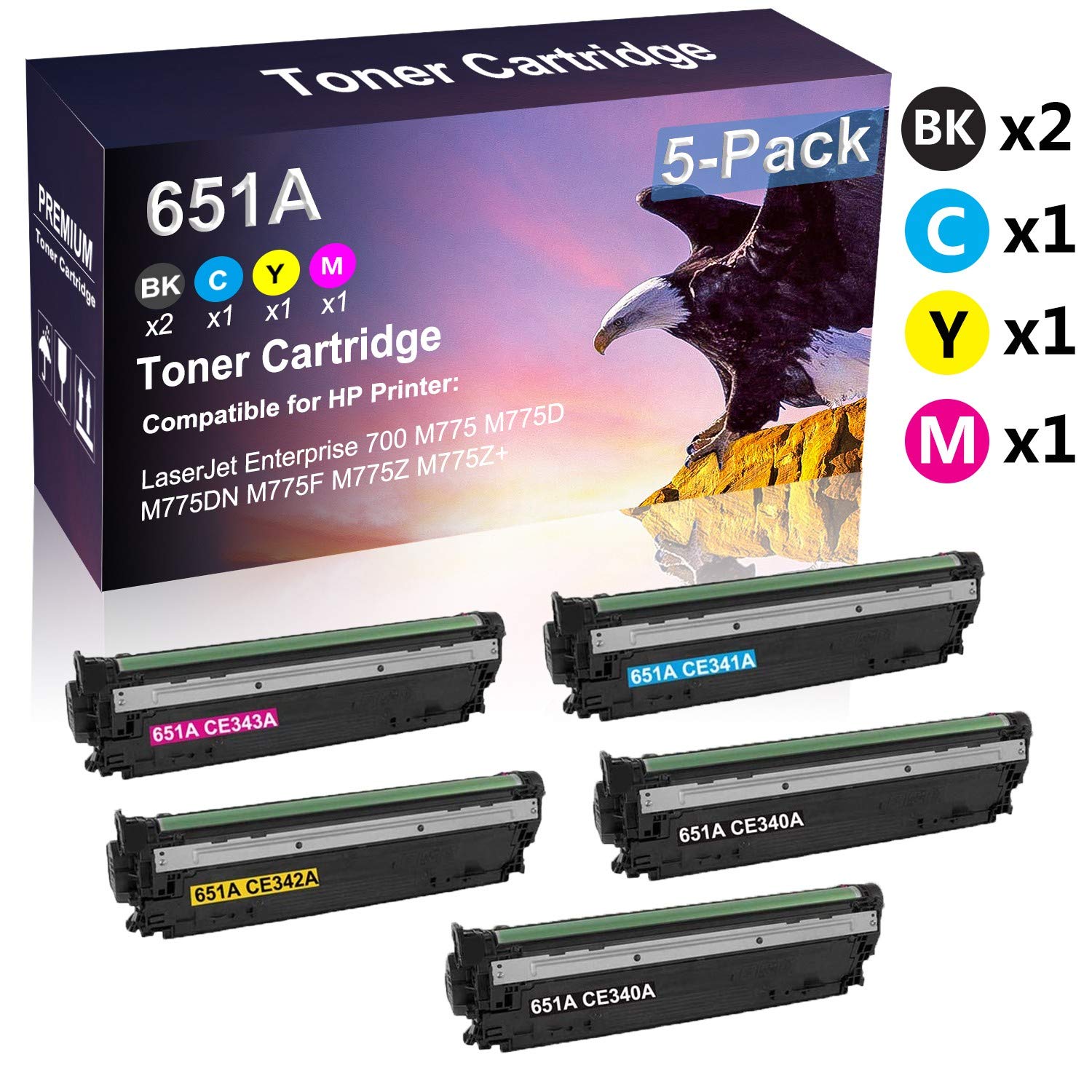 5-Pack Compatible HP 651A CE340A CE341A CE342A CE343A Toner Cartridges Replacement for HP LaserJet Enterprise 700 M775 M775D Printers (2 Black + Cyan + Yellow + Magenta) - High Yield Printing for Office & Business Documents