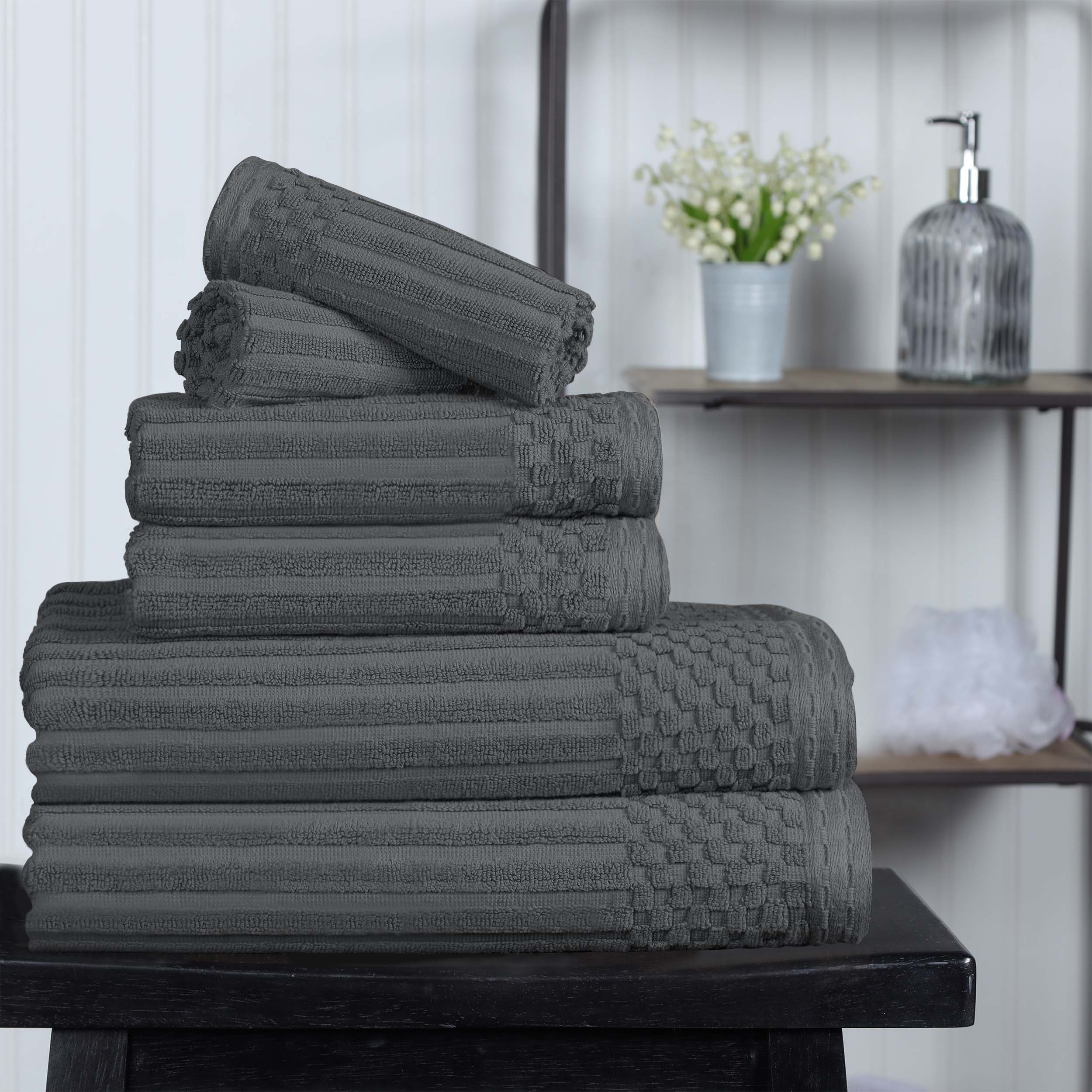 Premium 6-Piece Cotton Ribbed Textured Towel Set - Medium Weight, Soft & Absorbent Bath Towels for Spa, Gym, and Everyday Use