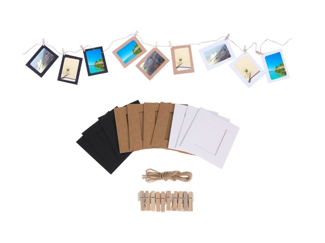30 Pack DIY Kraft Paper Photo Frames with Wooden Clips & Hanging String - White, Black, Brown (3