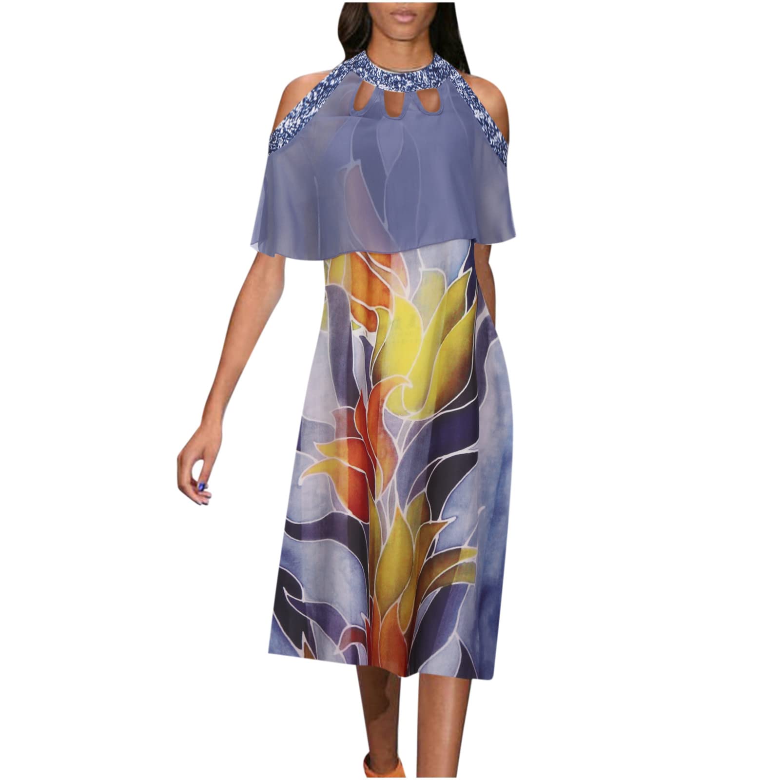 BONIXOOM Women's Summer Floral Print Cold Shoulder Dress - Casual Slim Fit High Waist Patchwork Sundress for Beach Vacation & Outdoor Party