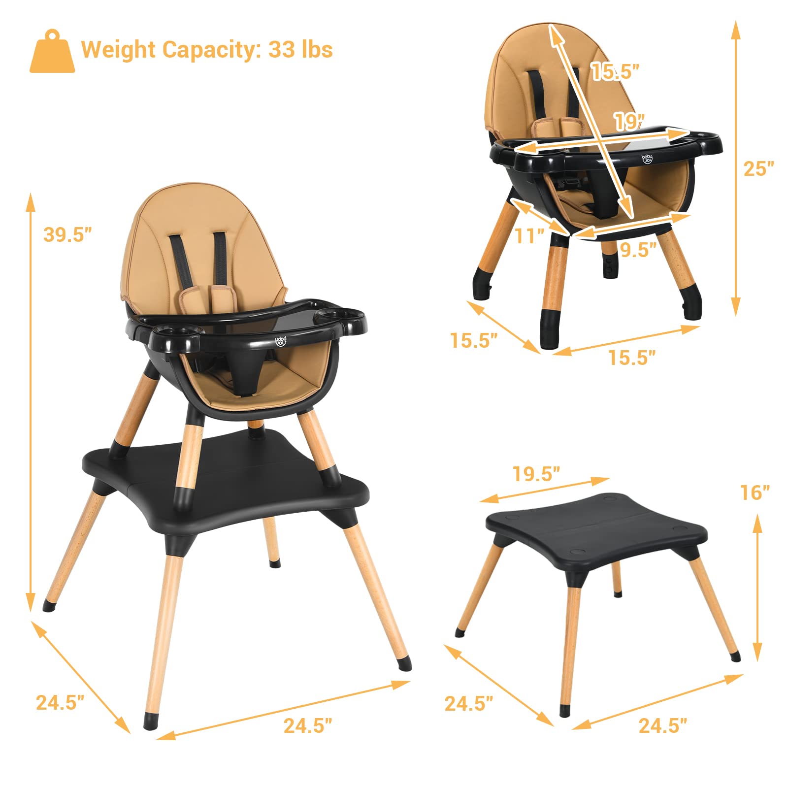 INFANS 5-in-1 Convertible Baby High Chair with Safety Harness - Adjustable Wooden Booster Seat & Toddler Dining Chair with Removable Tray & Easy-Clean Cushion - Perfect for Feeding, Playtime & Learning (Brown)