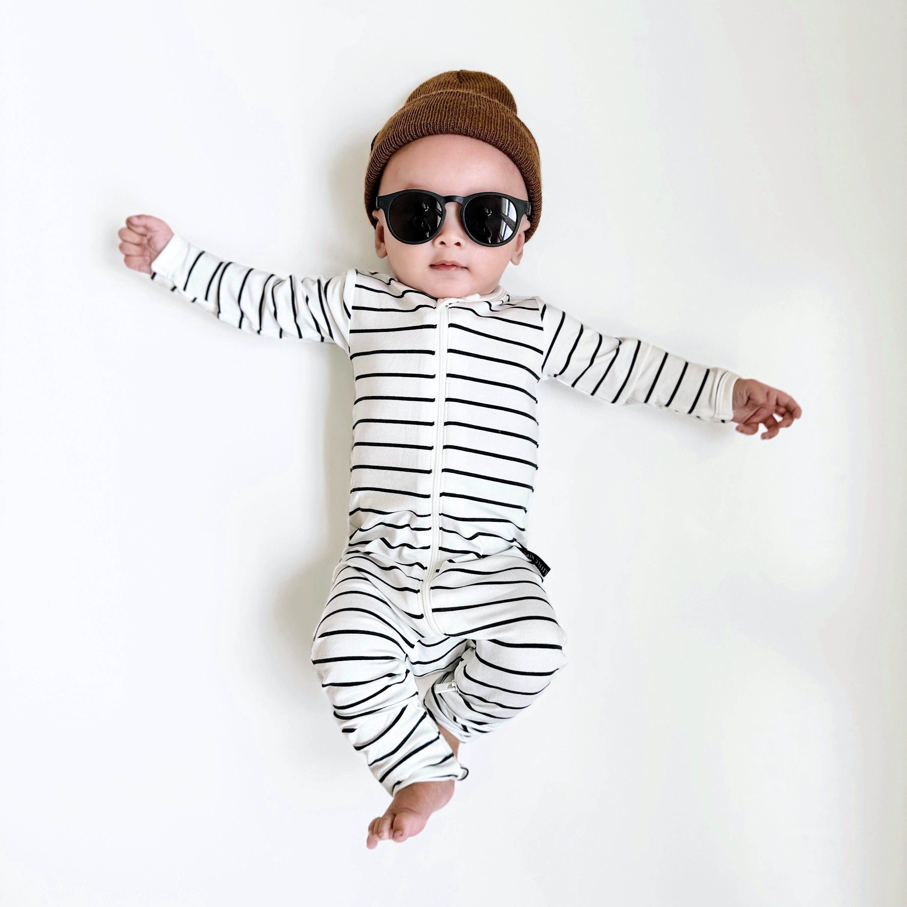 LB x Baby Breez Long Sleeve Pinstripe Romper Pajamas for Boys & Girls - Soft Cotton Sleepwear, White and Black Striped - Perfect for Bedtime, Lounging & Family Photos
