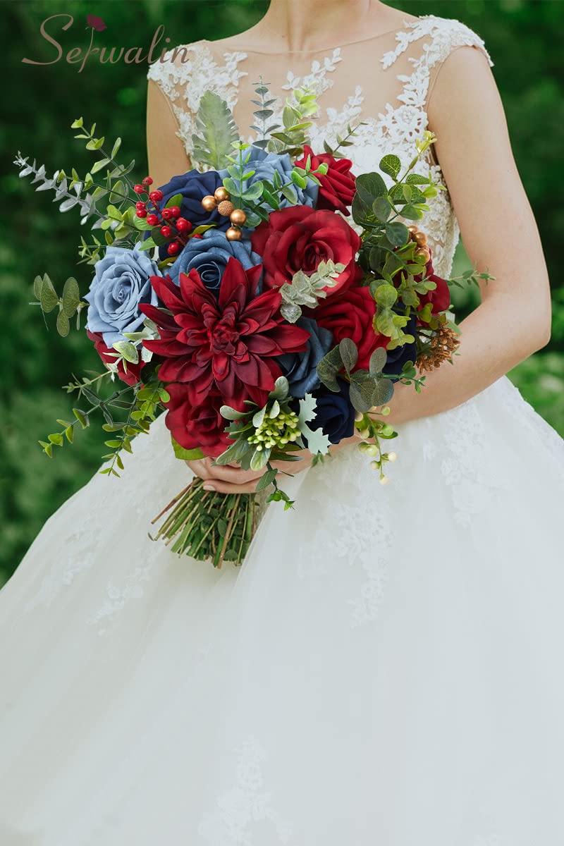 Serwalin Artificial Silk Flowers - Burgundy & Navy Dahlia Fake Flowers for DIY Wedding Bouquets, Centerpieces, Party Decorations, Baby Shower, Cake & Home Decor - Perfect for Wedding, Birthday, and Home Decoration
