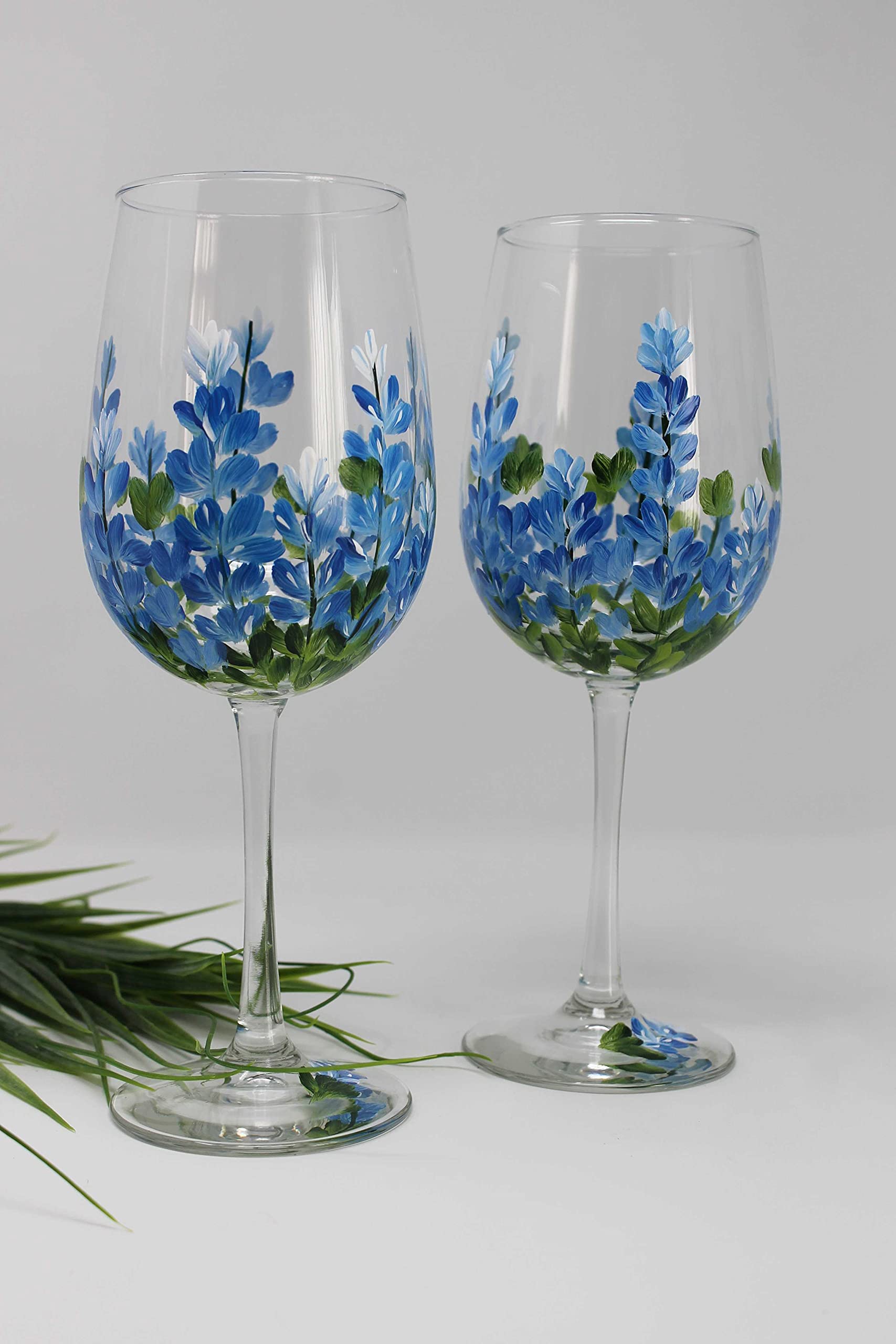Hand Painted Wine Glasses Set of 2 - Bluebonnets Floral Design for Wedding, Anniversary & Home Decor - Perfect for Gifts, Parties & Special Occasions