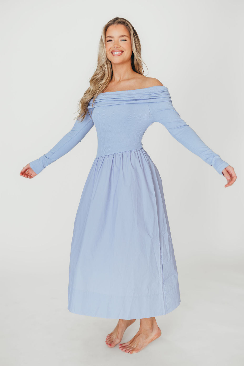 Elegant Blue Francis Long Sleeve Off Shoulder Midi Dress for Women | Flowy Party & Wedding Guest Dress | Perfect for Date Night, Cocktail Events & Fall Weddings