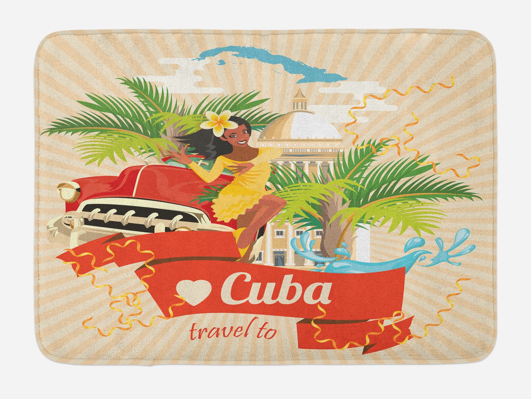 Lunarable Havana Bath Mat - Cuban Culture Design with Smiling Lady & Classic Car Among Palms, Non-Slip Plush Bathroom Rug, 30.2 x 20 Inches, Multicolor - Perfect for Tropical & Vintage Themed Bathrooms