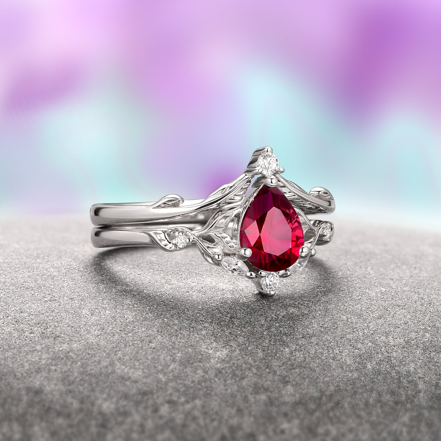 14K White Gold Teardrop Ruby Ring Set - Elegant Two-Piece Jewelry for Women, Perfect for Weddings, Anniversaries & Special Occasions