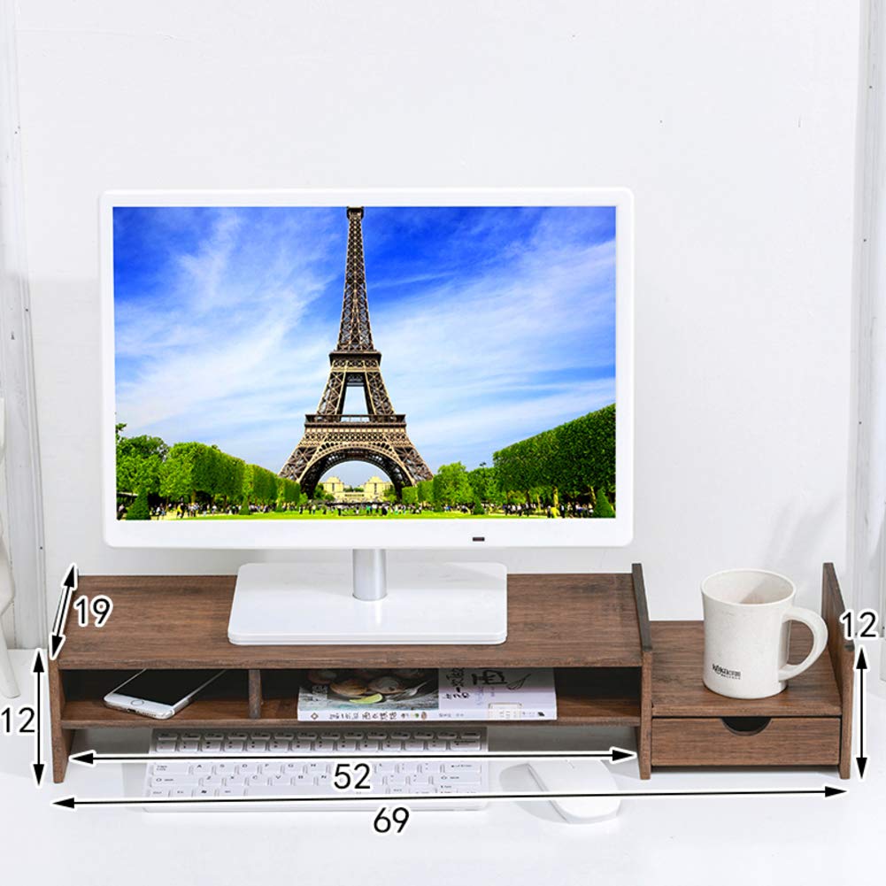 QTQHOME Wooden Monitor Stand with Drawer - Sturdy Computer Riser Desk Organizer 12x19x69cm (5x7x27in) Light to Dark Brown - Perfect for Home Office & Workspace Organization
