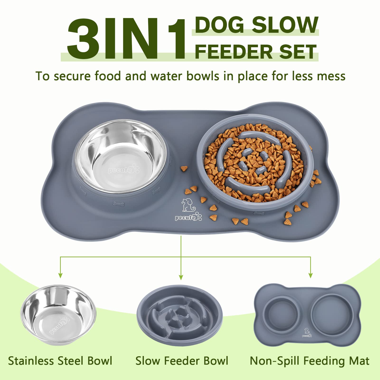 Pecute Slow Feeder Dog Bowls - Non-Spill Stainless Steel Pet Food & Water Bowl with Anti-Skid Silicone Mat | Food-Grade Safe for Fast Eaters | Perfect for Mealtime Anxiety & Digestive Health in Dogs & Cats
