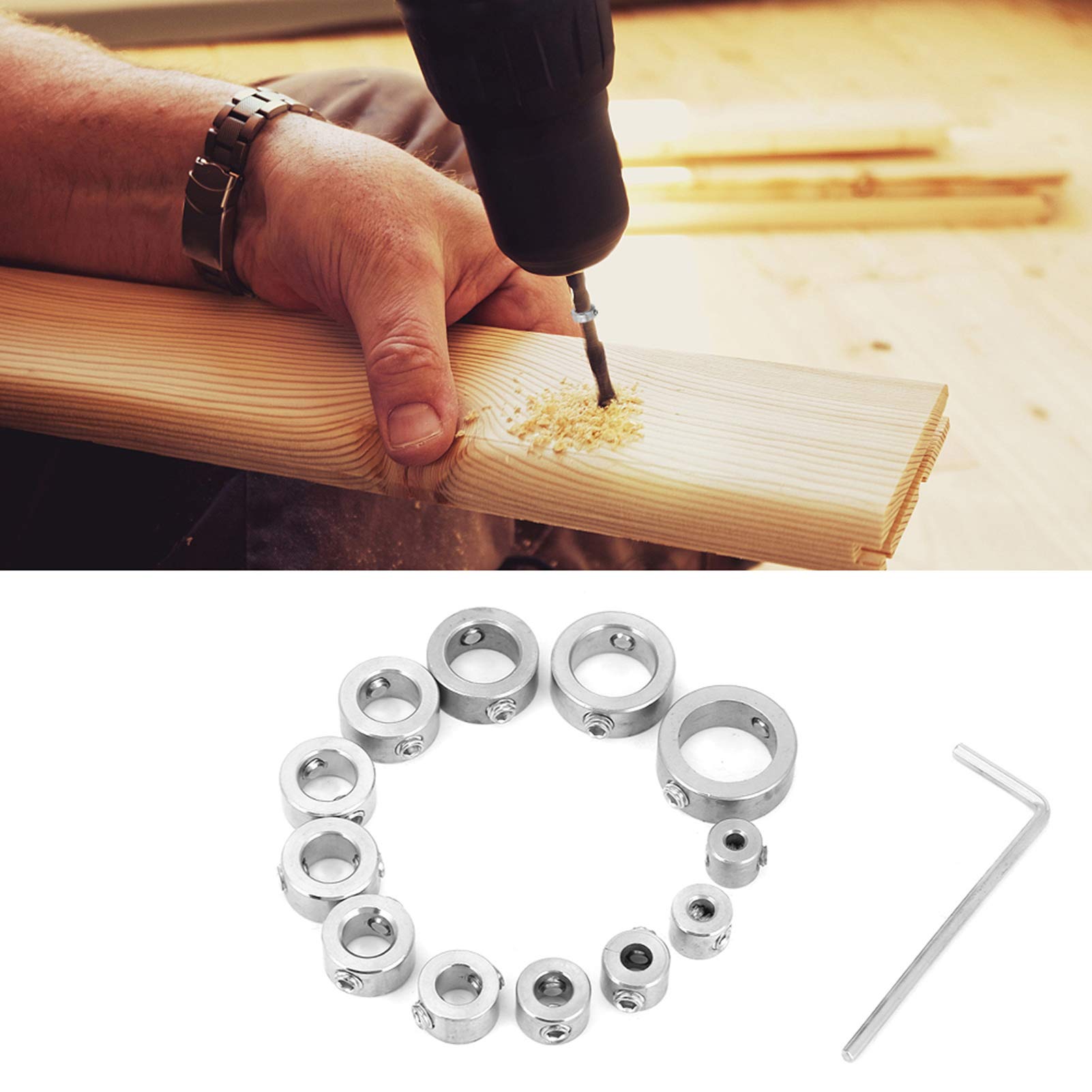 12pcs 3-16mm Stainless Steel Drill Bit Depth Stop Collar Set with Hex Wrench | Precision Drilling Limit Rings for Wood, Metal & Plastic | Perfect for DIY Projects & Professional Use
