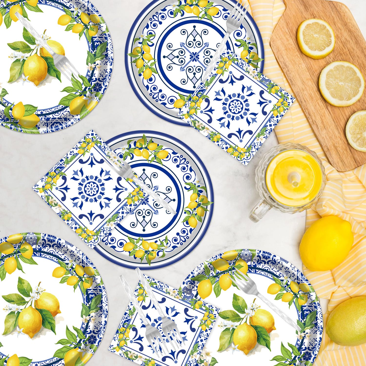 Rakuto 96PCS Lemon Party Supplies Set - Disposable Yellow Lemon Paper Plates, Napkins, Forks & Tableware for Summer Fruit Themed Decorations | Perfect for Birthday, Baby Shower, Bridal Shower & Outdoor Picnic Parties (Serves 24 Guests)