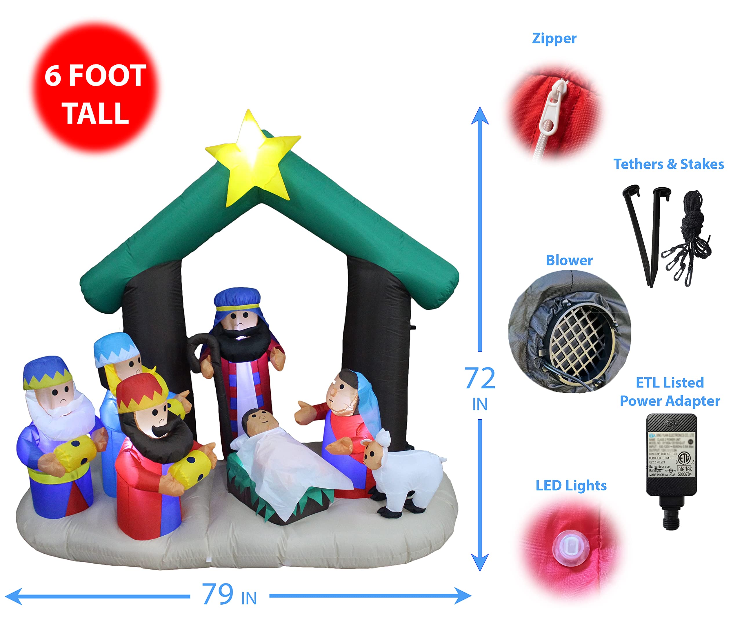 6ft Christmas Inflatable Nativity Scene with Three Kings & Animals + 5.3ft Santa Claus Tractor Inflatable Decor Set - Outdoor Holiday Yard Decorations for Xmas Party, Church, Home, Neighborhood Celebrations