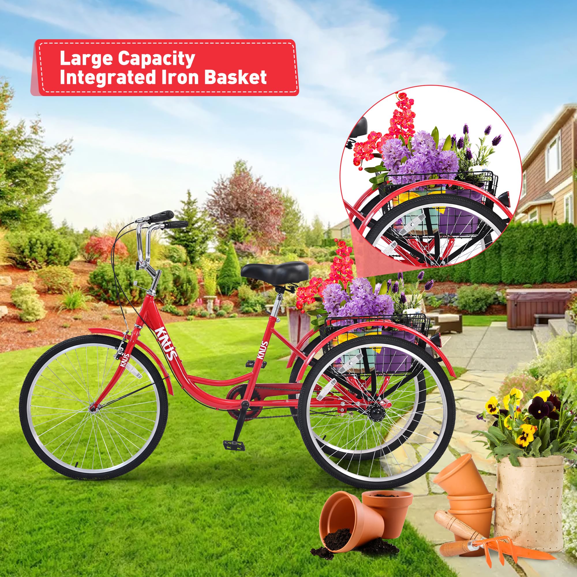 KNUS Adult Single Speed Cargo Tricycle - 24 Inch 3 Wheel Beach Cruiser Bike with Large Shopping Basket for Seniors, Women & Men - Perfect for Grocery Shopping, Pet Transportation & Beach Rides