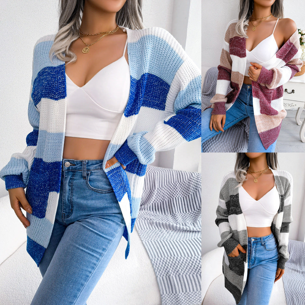 Women's Plaid Sweater Cardigan with Lantern Sleeves - Casual Long Sleeve Open Front Jacket for Fall & Winter - Perfect for Office, Date Night and Weekend Outfits
