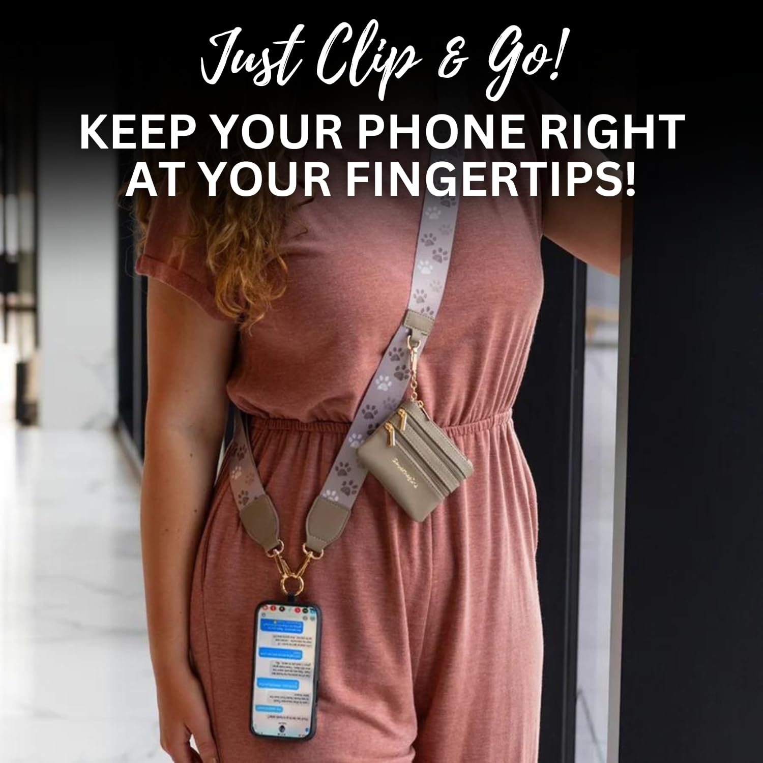 Original Clip and Go Phone Strap with Zippered Brown Pouch - Crossbody Phone Lanyard Chain & Wallet Pouch for Secure Storage - Ideal for Travel, Shopping, and Outdoor Adventures