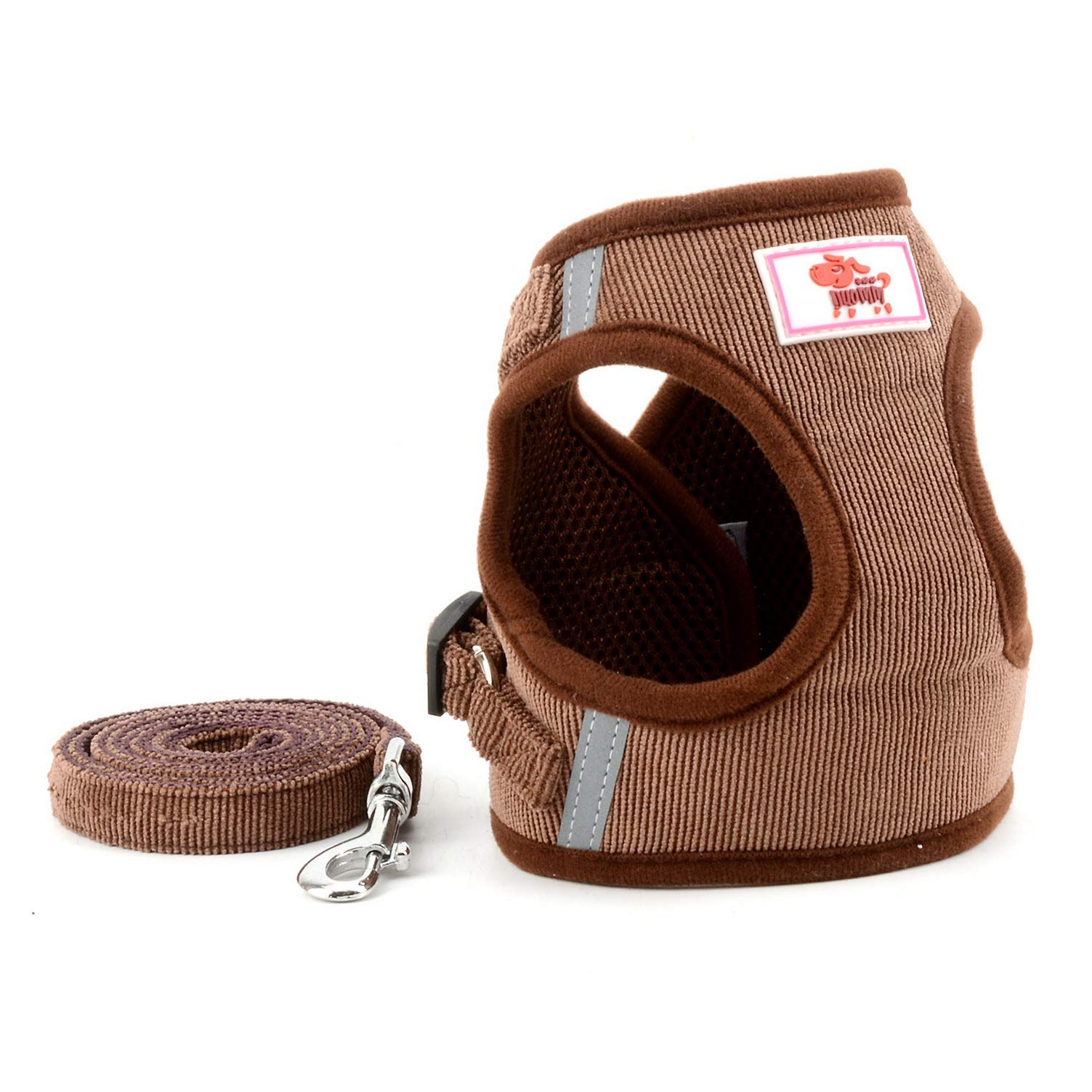 Escape-Proof Reflective Corduroy Cat Harness with Leash - Soft Mesh Padded, Adjustable No-Pull Design for Safe Walking - Step-in Dog Vest for Puppies & Kittens (Brown, Large) - Perfect for Night Walks, Outdoor Adventures & Pet Safety