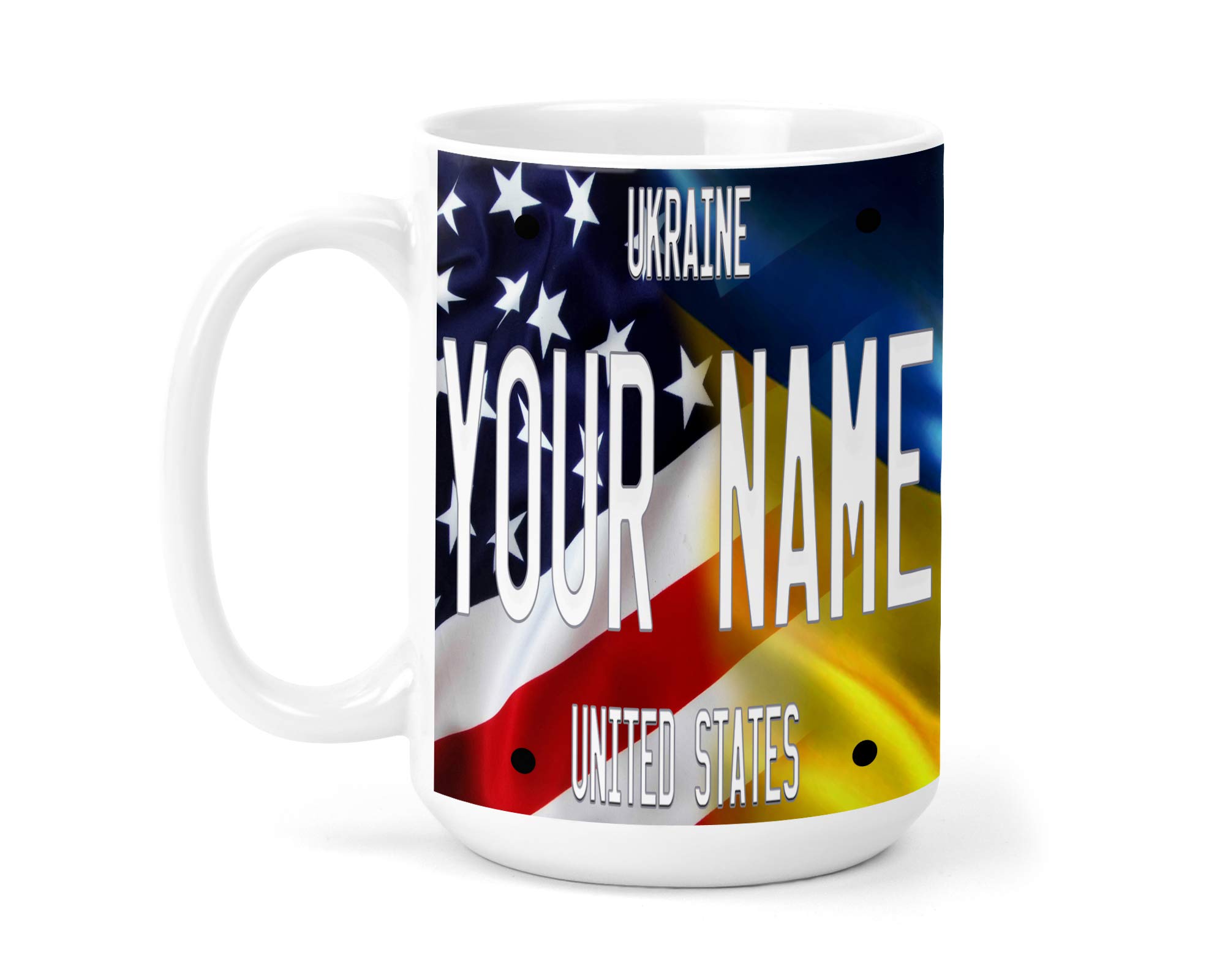 Bleu Reign 15oz Ceramic Mug - Personalized Custom Name with USA & Ukraine Flag Design - Perfect for Coffee, Tea & Gifts