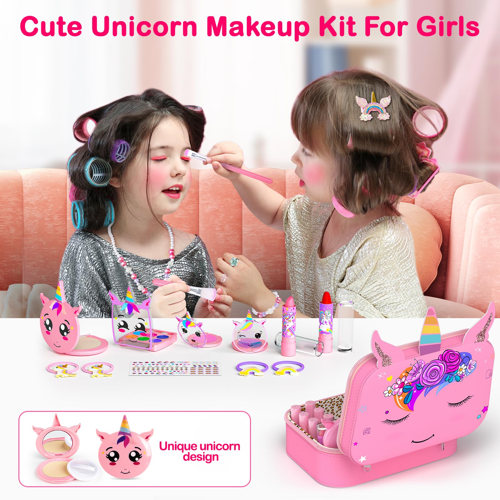 Unicorn Kids Makeup Kit for Girls Ages 3-12 - 2 in 1 Washable Play Makeup & Nail Art Set with Cosmetic Case | Safe Non-Toxic Pretend Play Cosmetics | Perfect Birthday Christmas Gift for Toddlers & Little Girls | Great for Dress-Up, Role Play & Party Fun