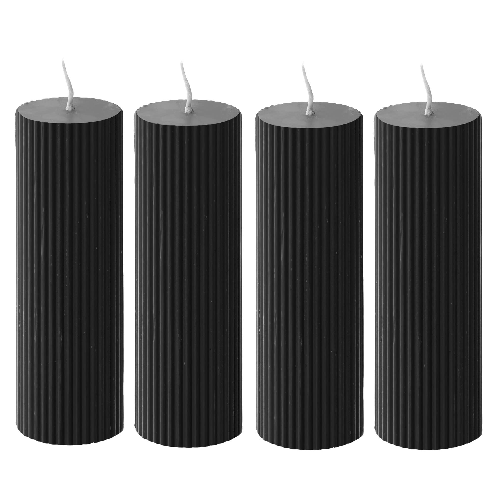 Sandalwood Scented Ribbed Pillar Candles - 2x6 Inch Handmade Soy Wax Candles for Home Decor (4 Pack, Black) | Perfect for Romantic Dinners, Spa Nights & Holiday Centerpieces