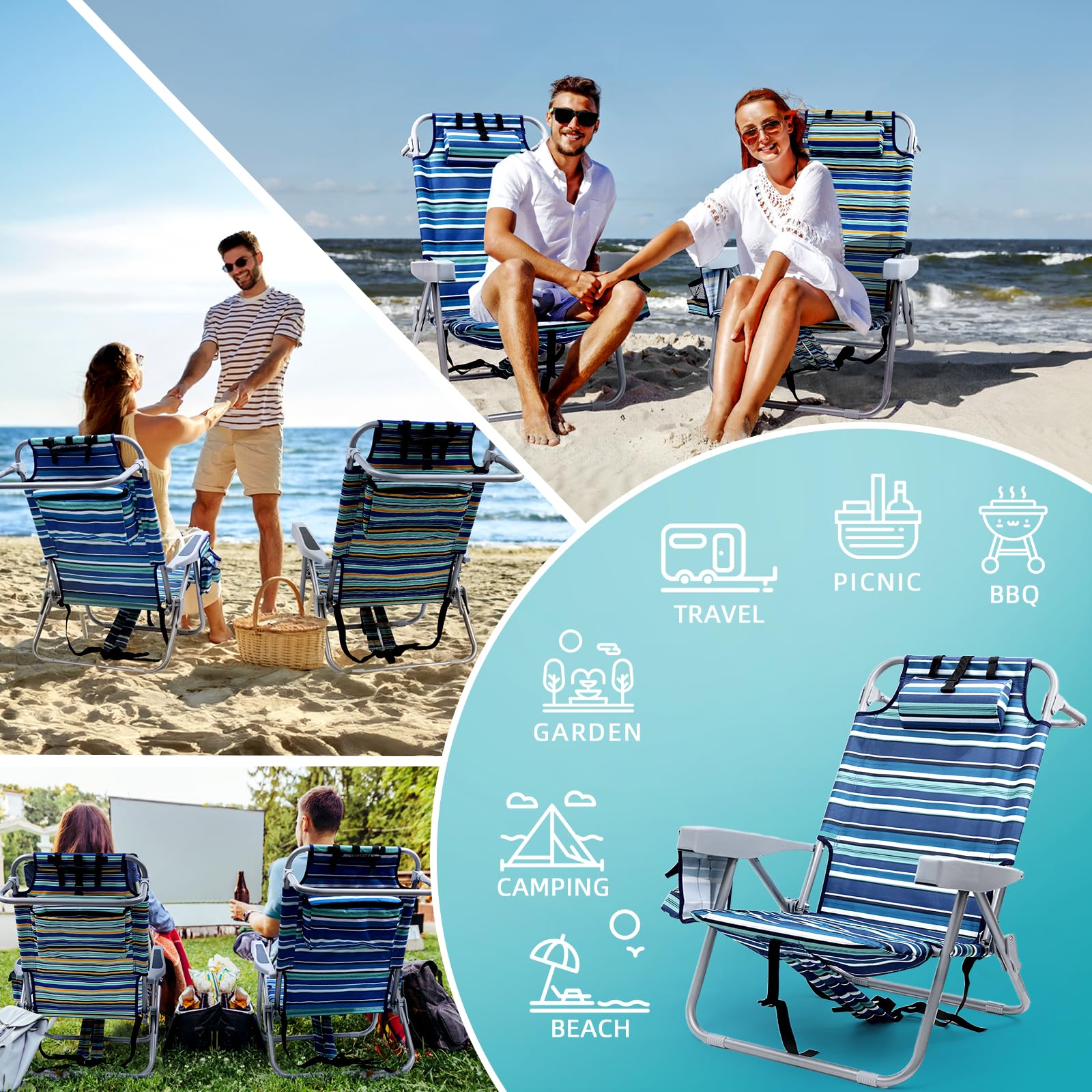 Heavy Duty Beach Chairs for Adults - Portable Folding Chair with Backpack Straps & Large Cooler Pouch, Supports 350LBS - Compact Lay Flat Design (Blue & Cyan Stripes) - Perfect for Beach, Camping, Picnics and Outdoor Relaxation