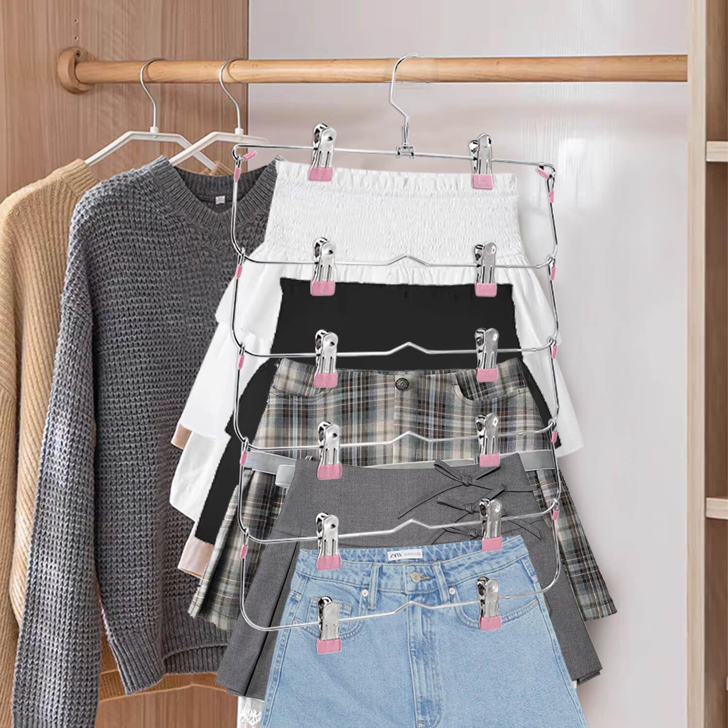6-Tier Metal Skirt Pants Hangers with Clips - Space Saving Non-Slip Closet Organizer for Shorts, Skirts & Clothes (2 Pack, Pink) - Perfect for Wardrobe Organization & Small Closet Storage