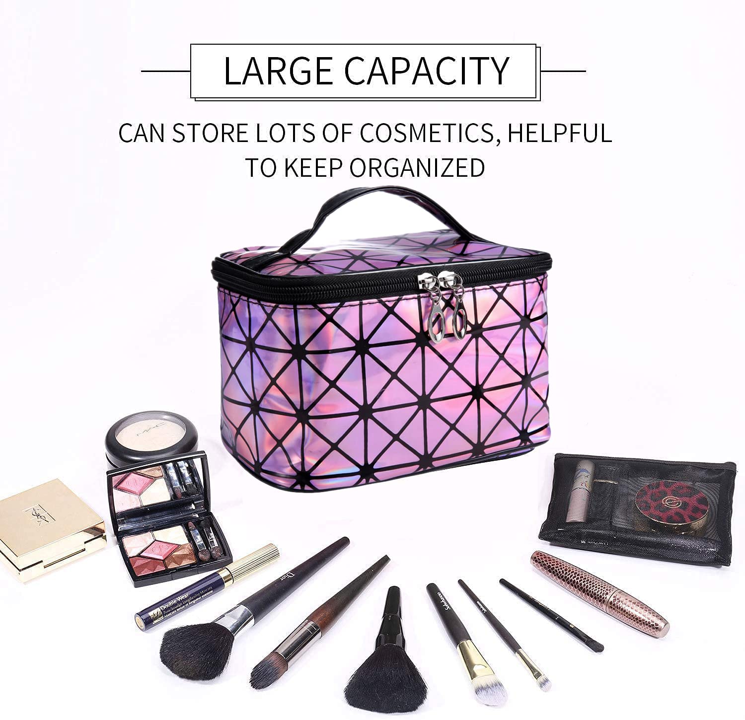 UBMSA Pink Makeup Bag with Mirror - Travel Cosmetic Organizer for Women & Girls, Perfect for Brushes & Jewelry Storage