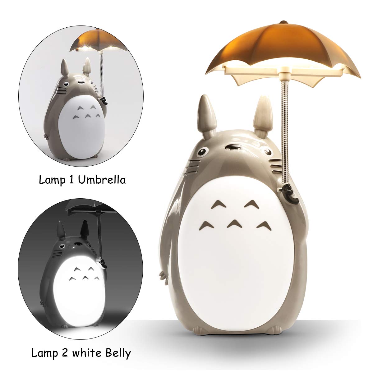 Awaiymi Totoro LED Night Light & Umbrella - Cute My Neighbor Totoro Character Lamp with USB Charging (White Belly) + Bonus Totoro Tumbler - Perfect for Kids' Room, Nursery Decor, and Anime Gift