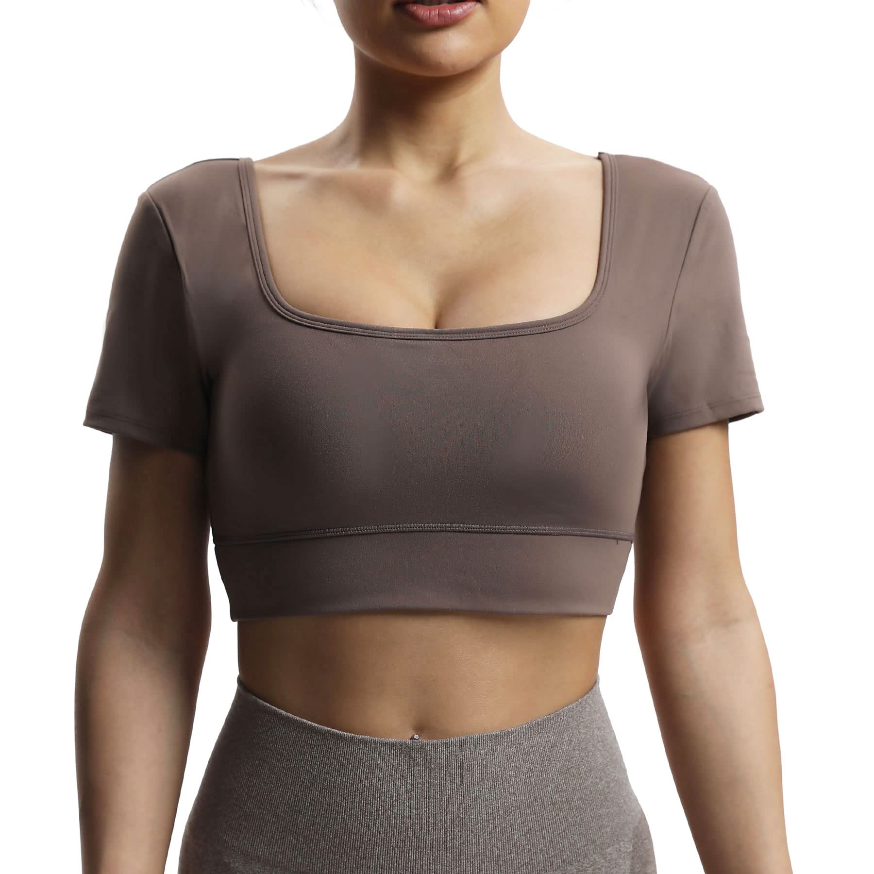 Aoxjox Women's Short Sleeve Crop Top - Nancy Longline Square Neck V Back Workout Shirt | Gym, Yoga & Summer Casual Wear