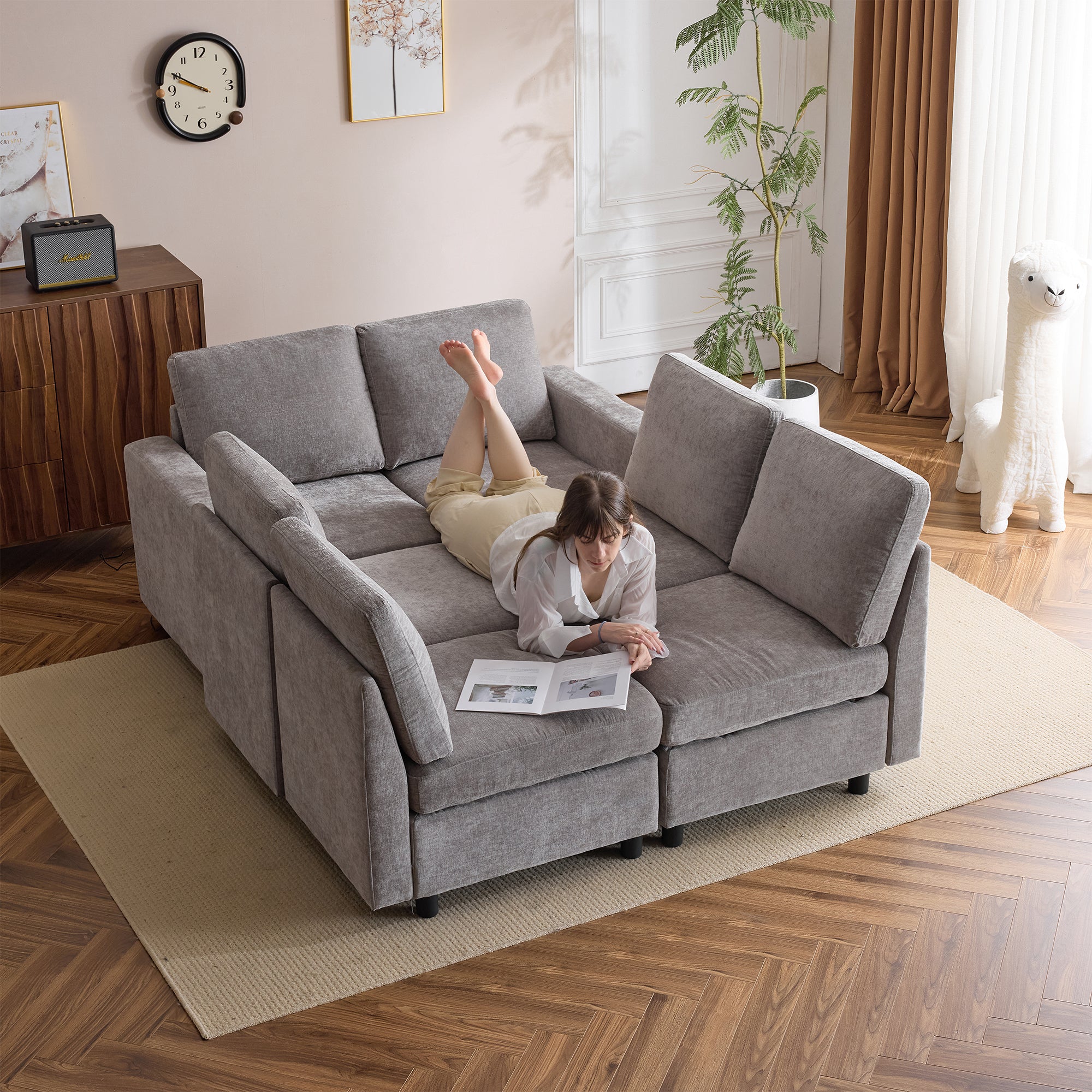 Erommy 6-Piece Modular Sectional Sofa with Storage, Light Grey Living Room Couch - Convertible L-Shaped Design with Armrests & 6 Seats for Home Theater, Family Gatherings & Small Spaces