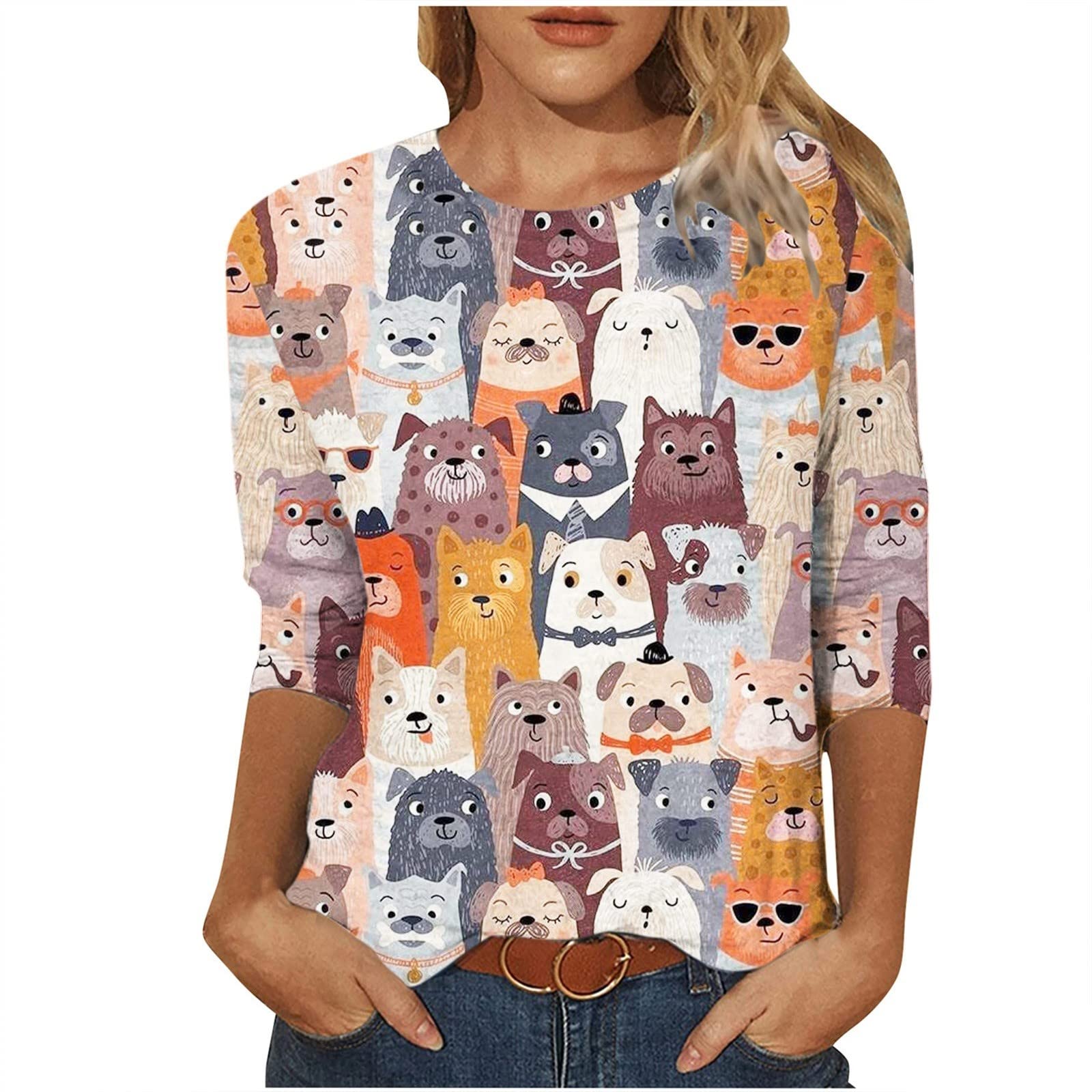 Stylish Animal Print 3/4 Sleeve T-Shirt for Women - Cute Summer Casual Loose Blouse with Round Neck | Perfect for Beach Outings, Vacation Wear & Everyday Fashion