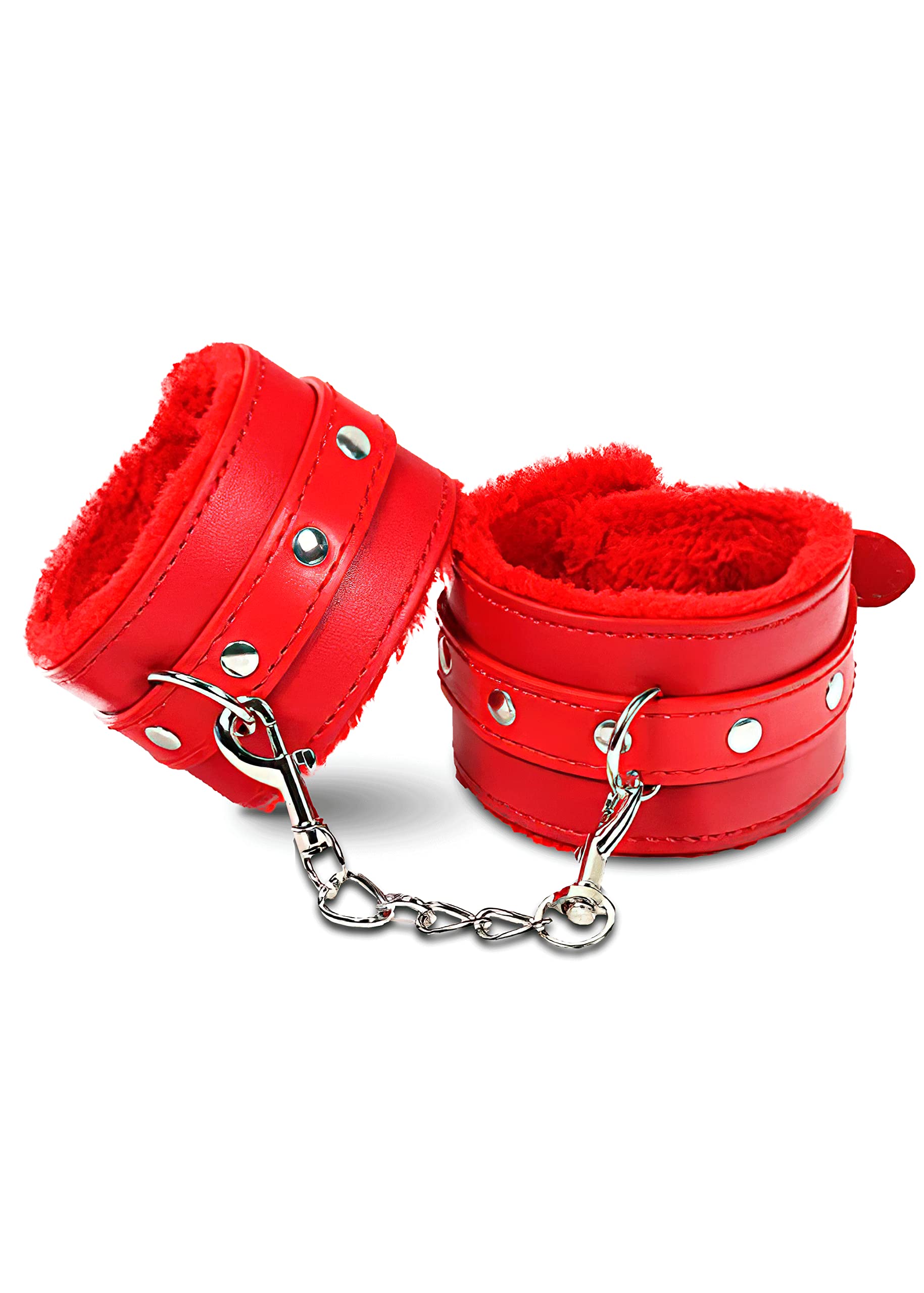 Soft Fluffy Handcuffs for Couples - Adjustable Red Fuzzy Hand Restraints with Chain - Perfect for BDSM, Role Play & Spicing Up Your Intimate Moments