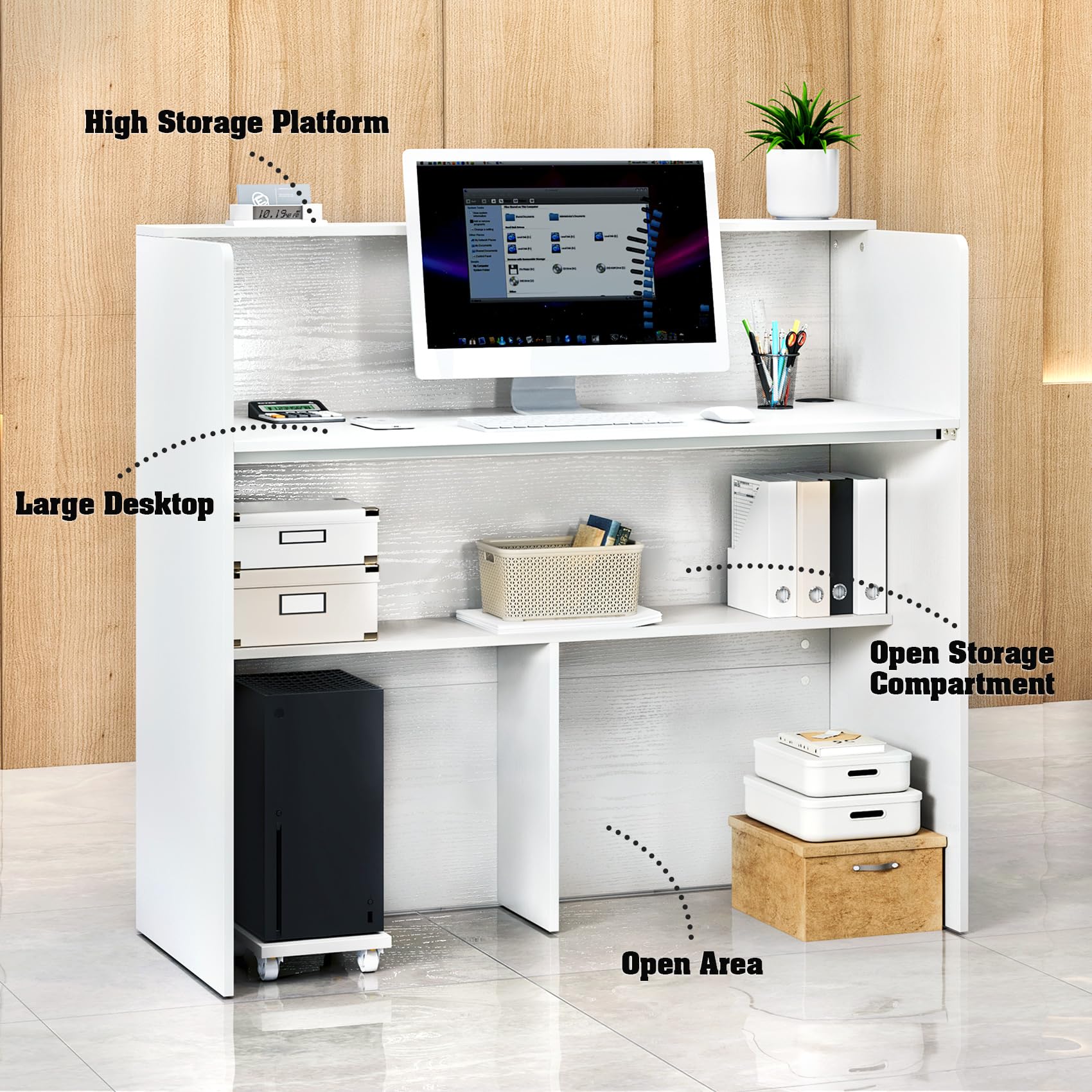 TC-HOMENY 48'' White Modern Reception Desk Counter Table with Cable Grommet - Perfect for Beauty Salon, Retail Store & Home Office (48