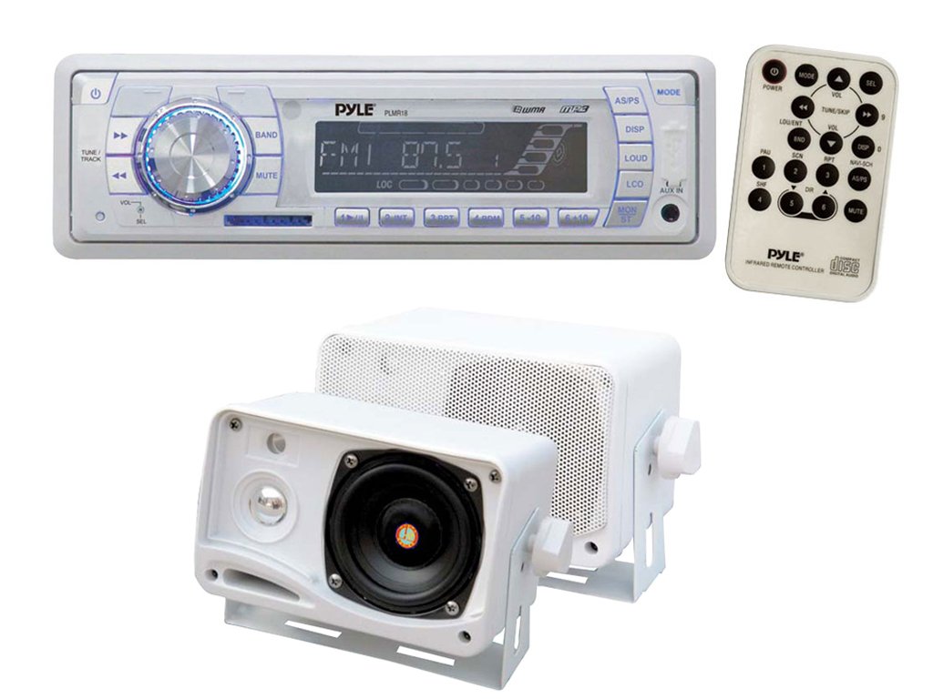 Pyle PLMR18 AM/FM MPX Car Stereo with SD Card Slot & USB Port + 200W 3-Way Weatherproof Speakers - Complete Audio System for Cars, Trucks, SUVs, Boats - Perfect for Road Trips, Marine Use & Outdoor Adventures