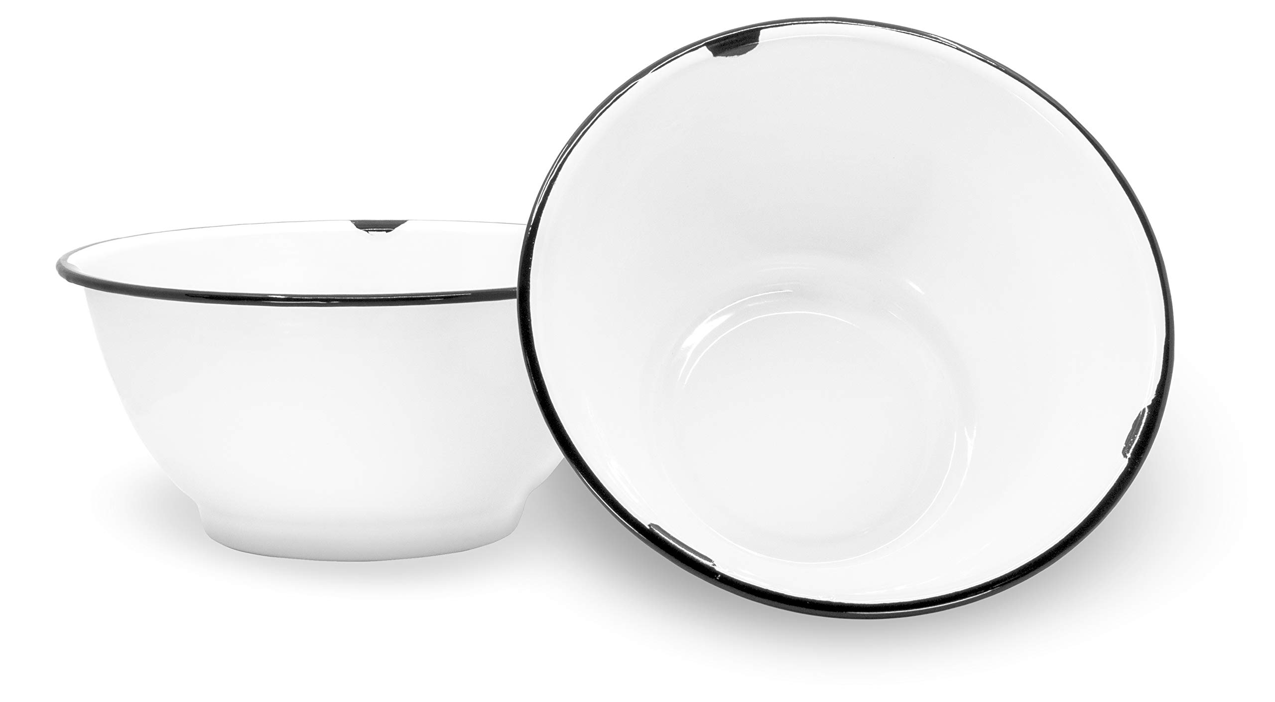 Red Co. Set of 2 Enamelware Metal Large Classic 4 Quart Round Salad Serving Bowls - Distressed White/Black Rim - Perfect for Picnics, BBQs & Farmhouse Kitchen Decor
