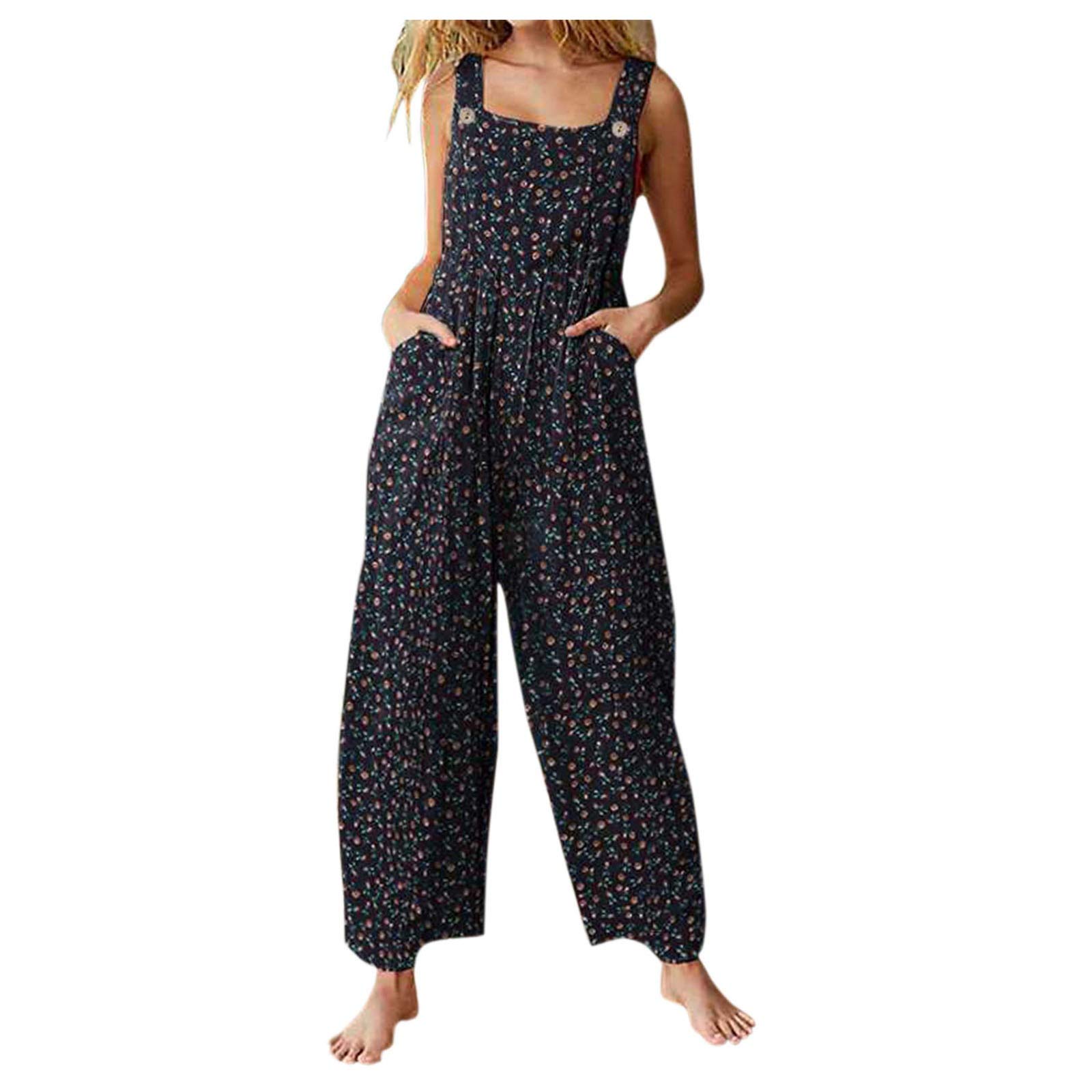 Vintage Floral Print Women's Jumpsuit with Wide Leg & Pockets - Navy Blue Sleeve Jumper Romper (Size M) | Casual Outfit for Summer, Beach Vacation & Boho Fashion