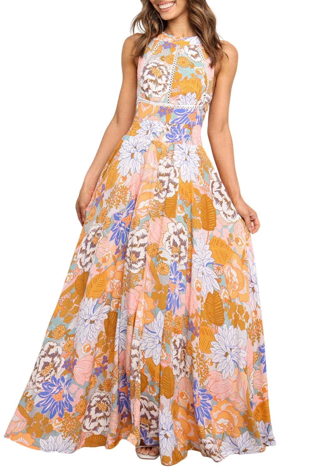 Women's Summer Floral Maxi Dress - Orange Boho Backless Lace-Up Sleeveless Long Dress for Beach, Vacation & Outdoor Parties